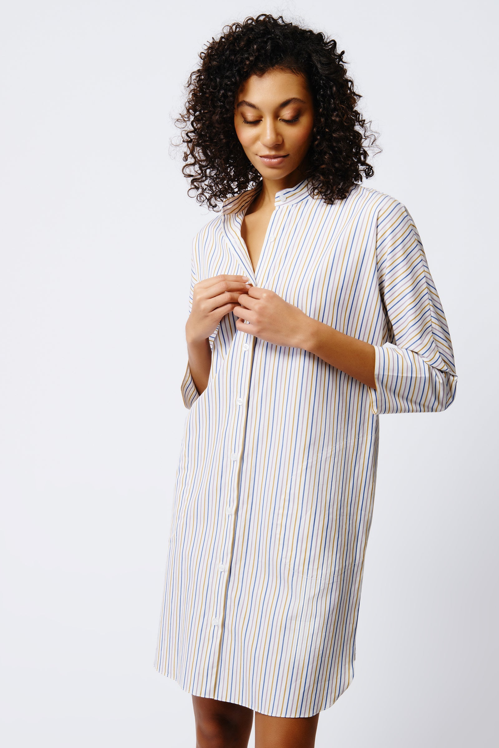 Kal Rieman June Shirt Dress in Multi Stripe on Model Front View Crop