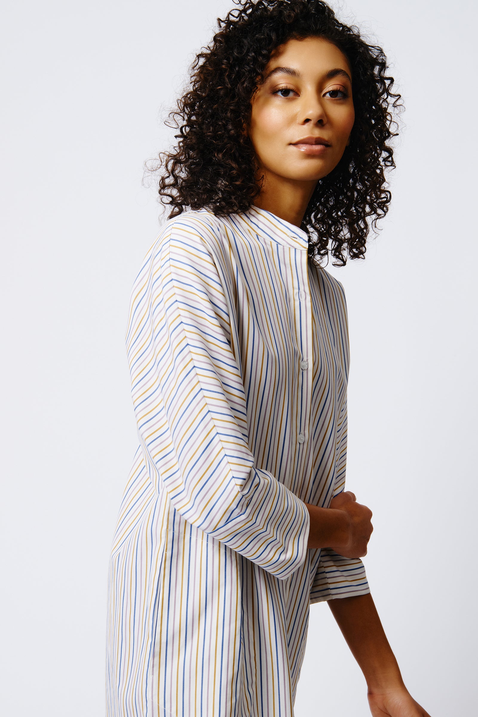 Kal Rieman June Shirt Dress in Multi Stripe on Model Side View Crop
