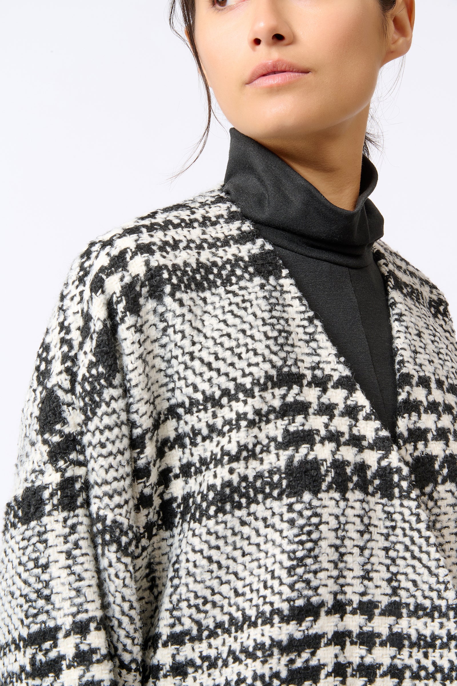 Kal Rieman Belted Cardigan in Black and White Plaid on Model Detailed Front View