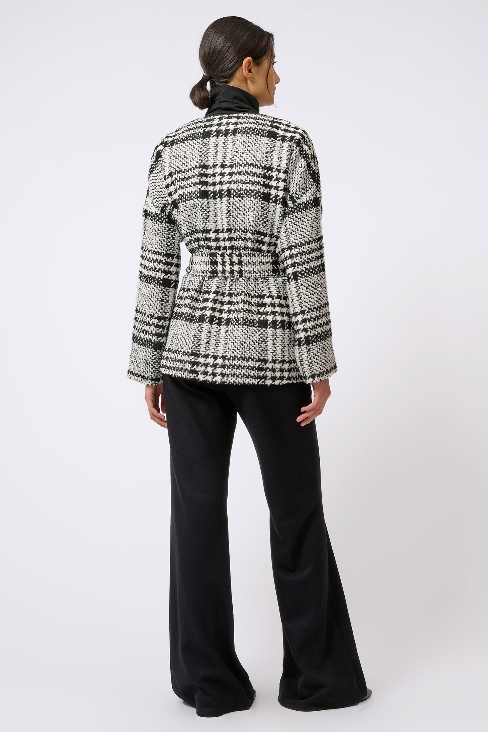 Kal Rieman Belted Cardigan in Black and White Plaid on Model Full Back View