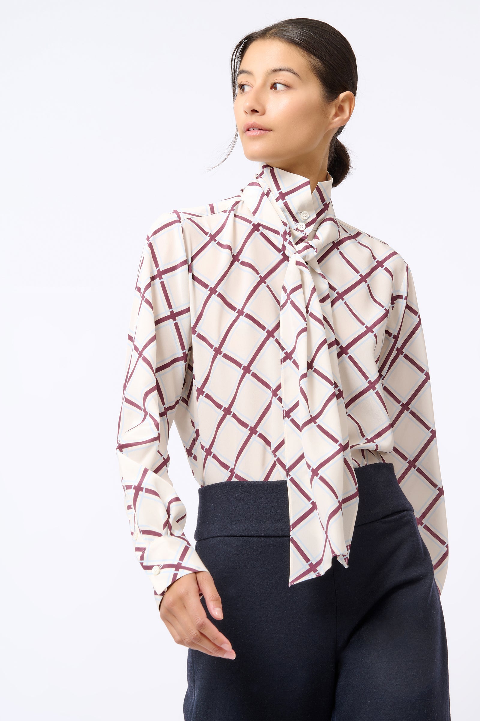 Kal Rieman Scarf Tie Blouse in Diagonal Print on Model Looking Right Front View