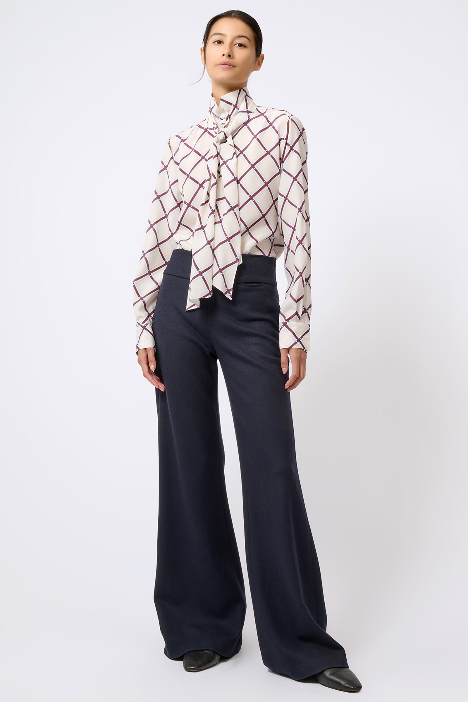 Kal Rieman Scarf Tie Blouse in Diagonal Print on Model Full Front View