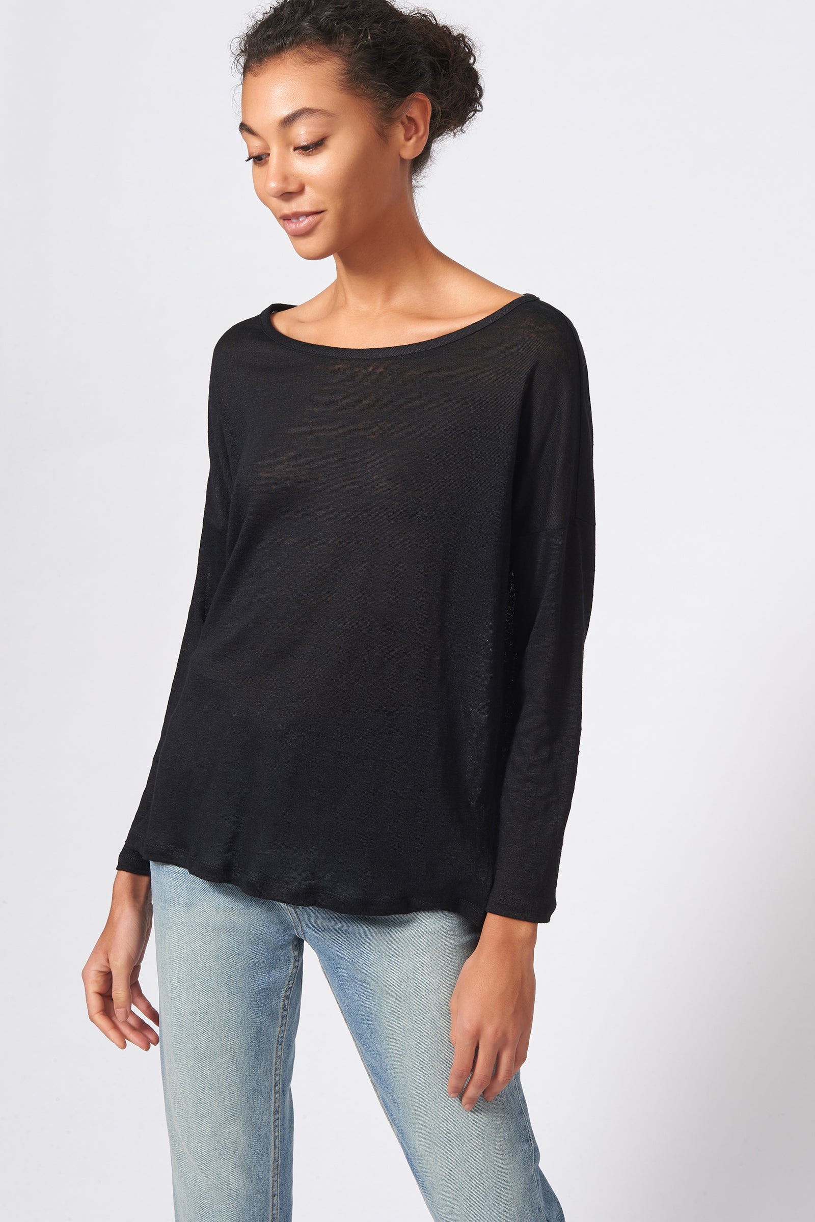 Kal Rieman Boat Neck Box Tee in Black on Model Front View