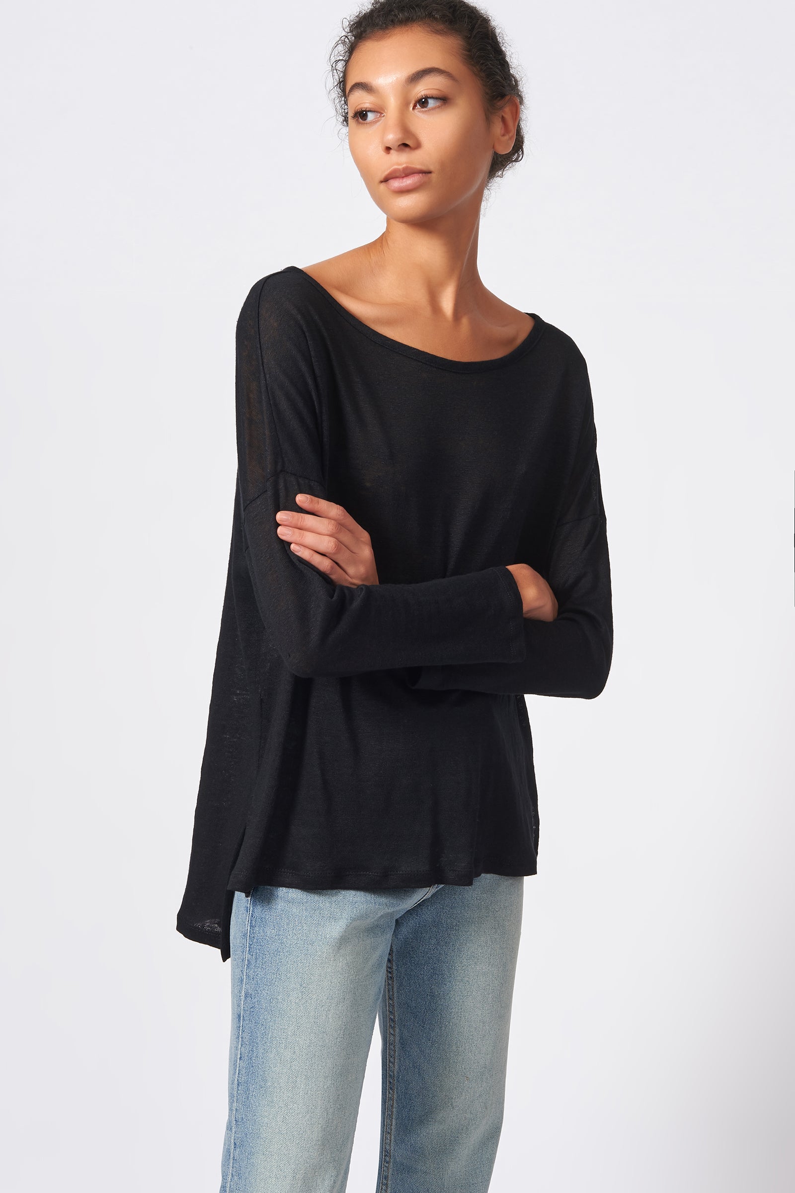 Kal Rieman Boat Neck Box Tee in Black on Model Front Side View