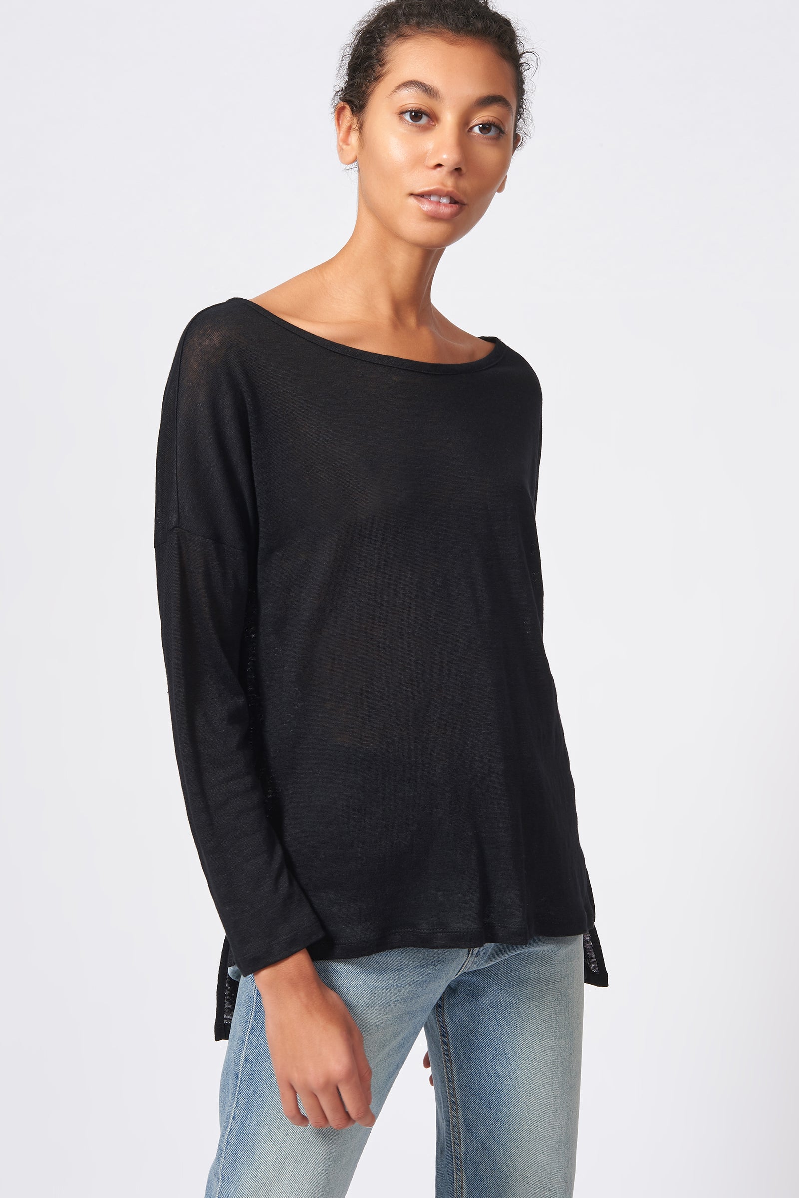Kal Rieman Boat Neck Box Tee in Black on Model Front Side View