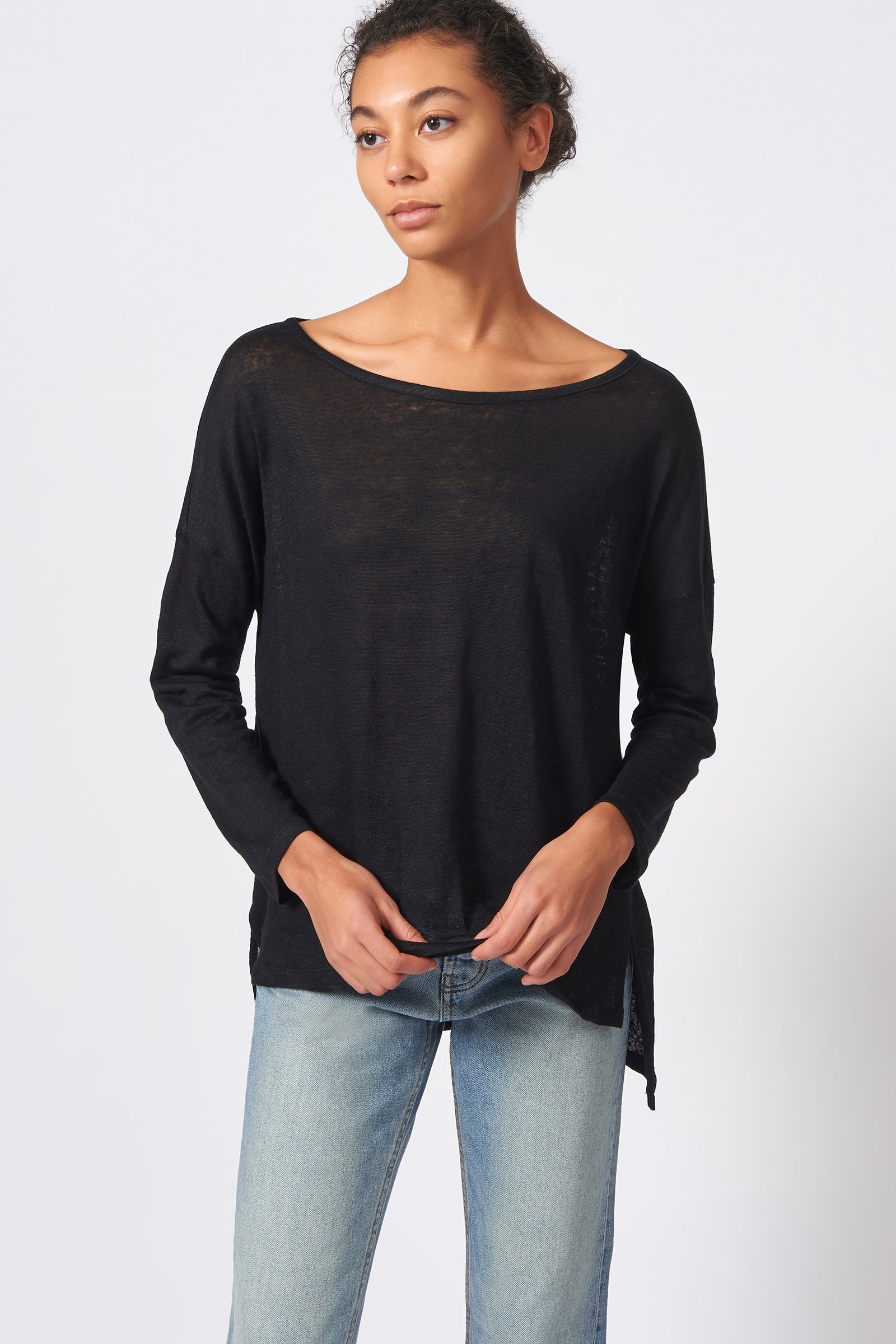 Kal Rieman Boat Neck Box Tee in Black on Model Front View
