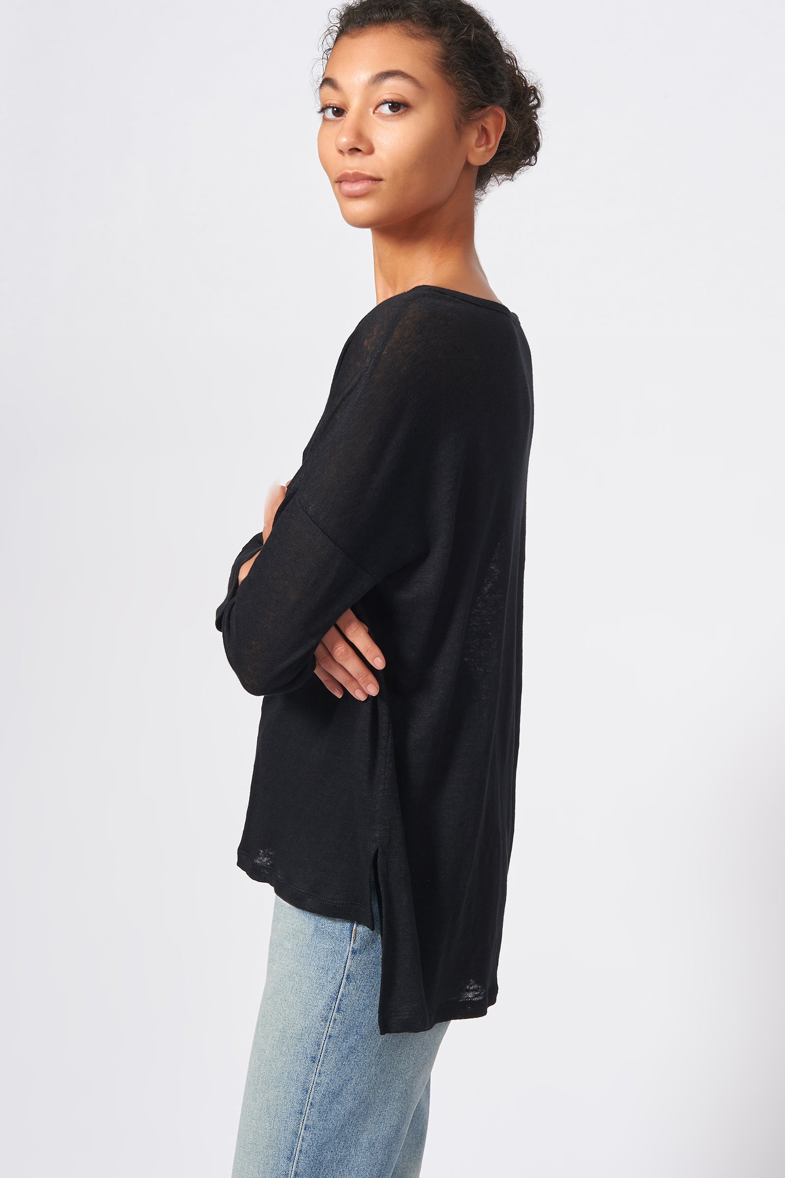 Kal Rieman Boat Neck Box Tee in Black on ModelSide View
