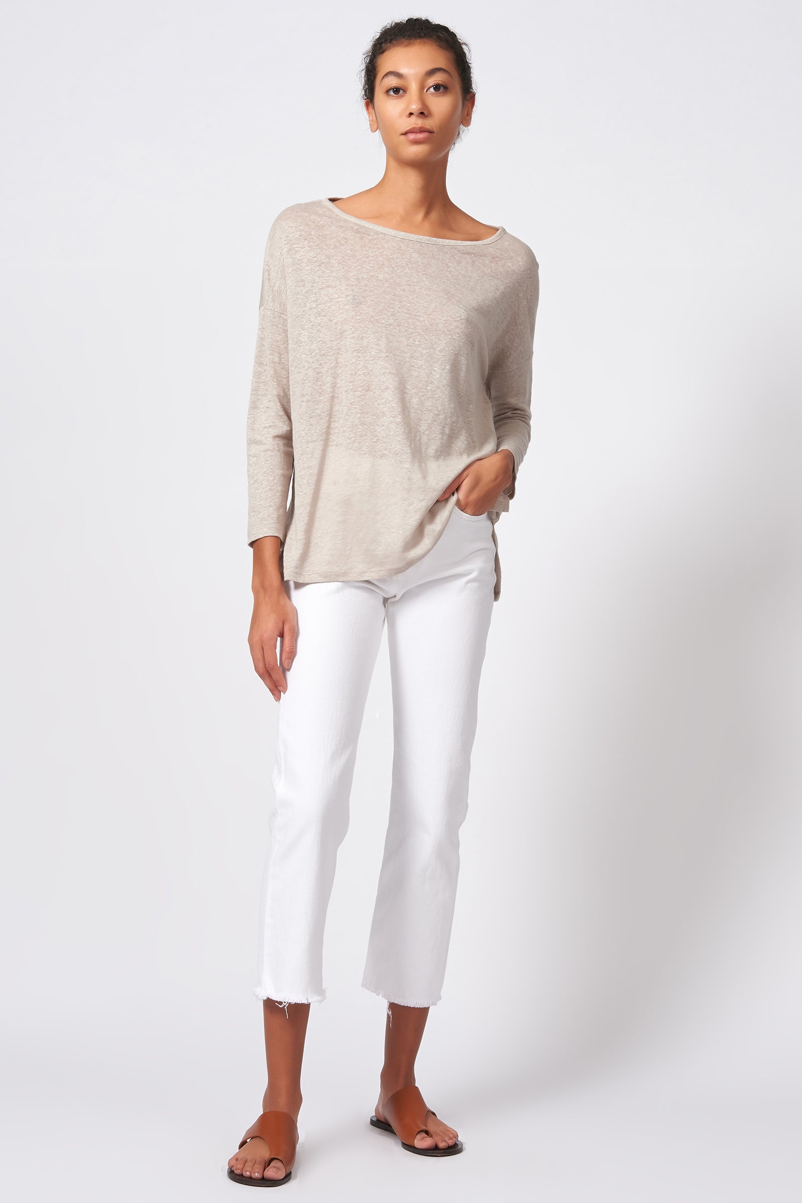 Kal Rieman Boat Neck Box Tee in Khaki on Model Front Full View