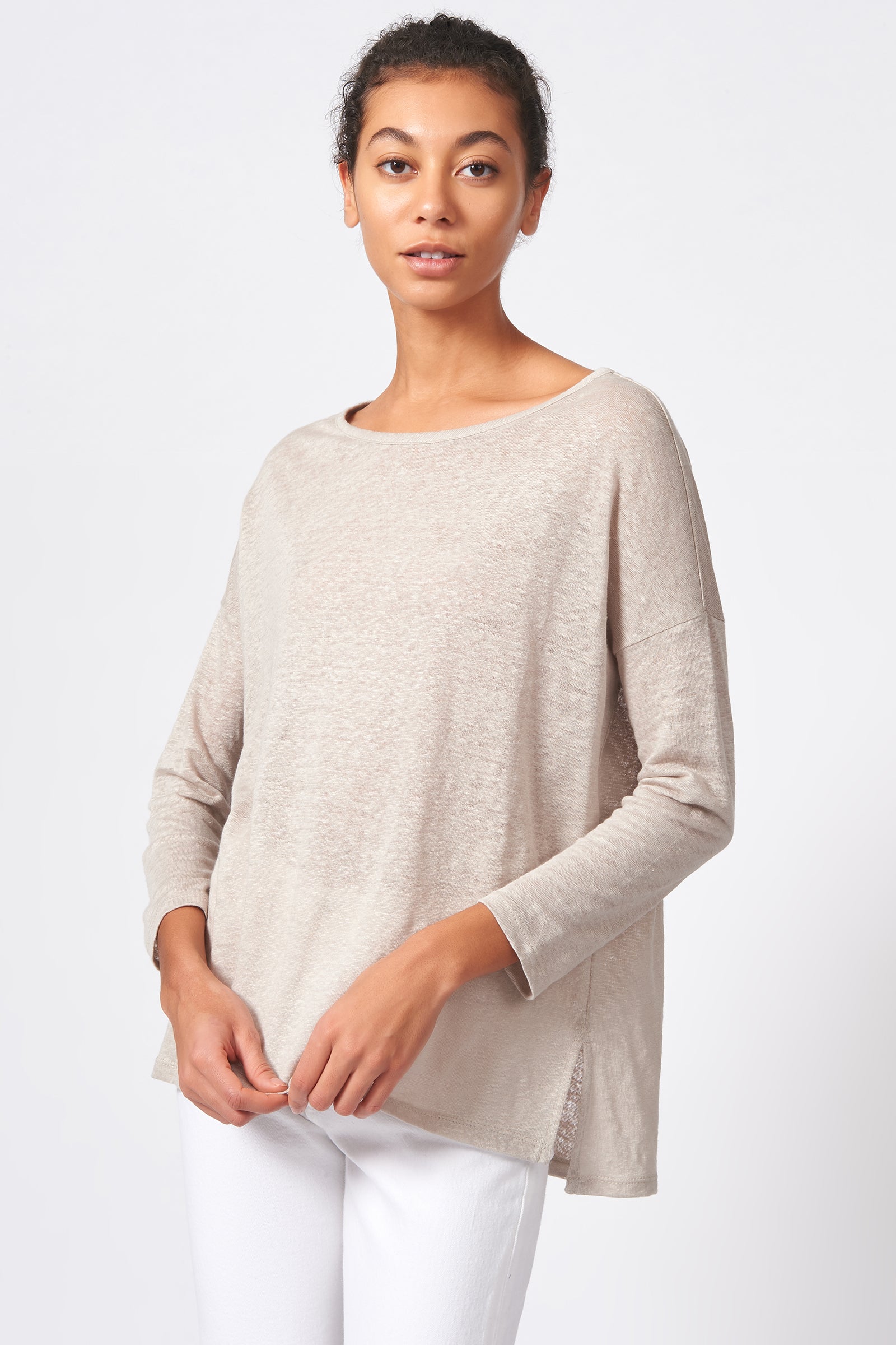 Kal Rieman Boat Neck Box Tee in Khaki on Model Front Side View