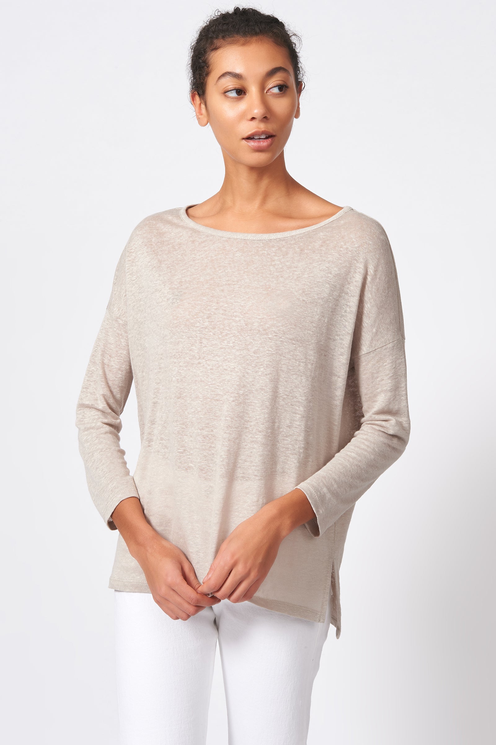 Kal Rieman Boat Neck Box Tee in Khaki on Model Front View