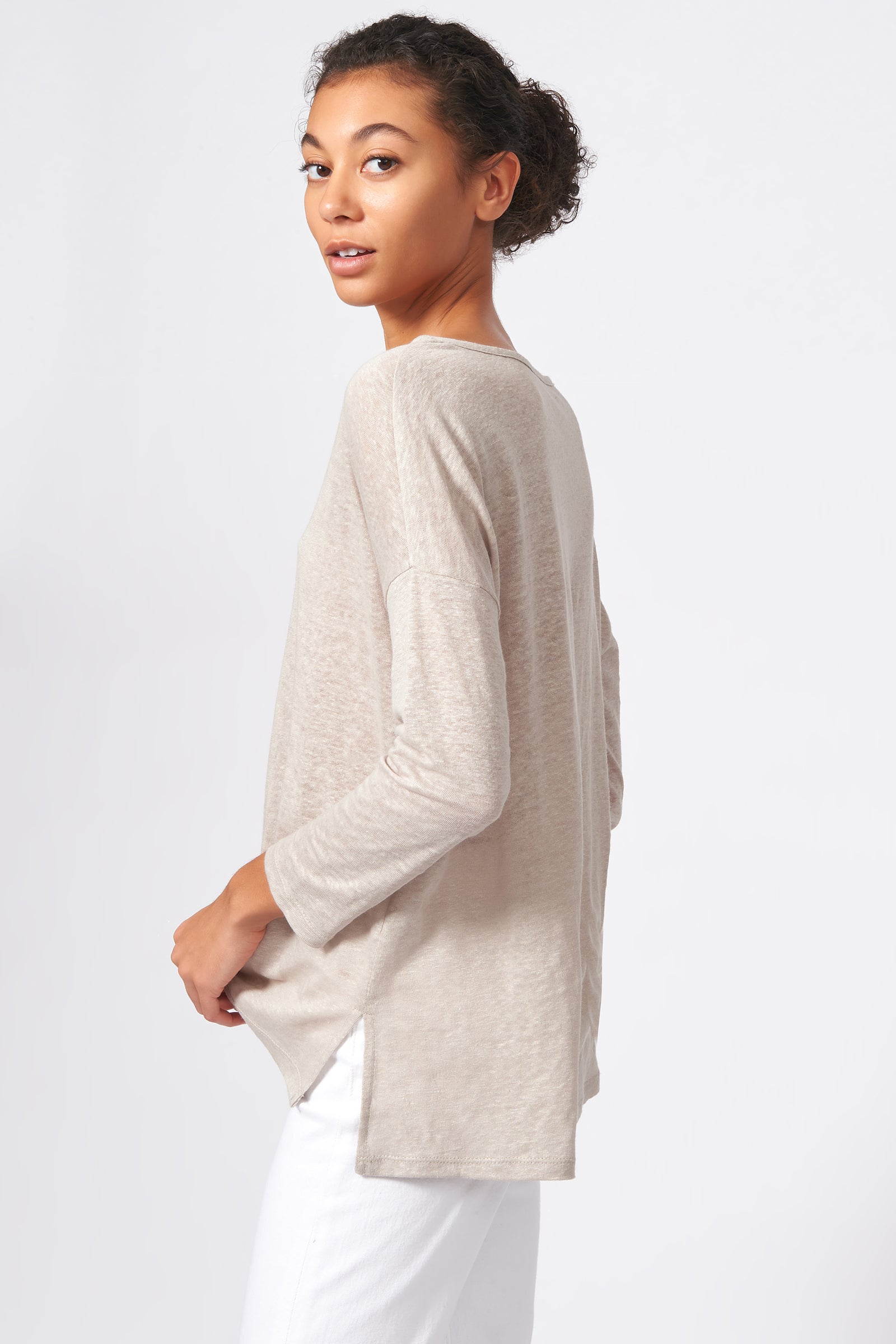 Kal Rieman Boat Neck Box Tee in Khaki on Model Side View