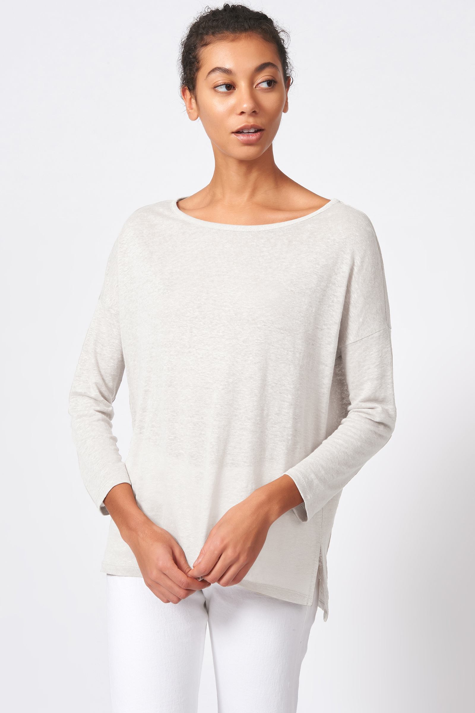 Kal Rieman Boat Neck Box Tee in Natural on Model Front View