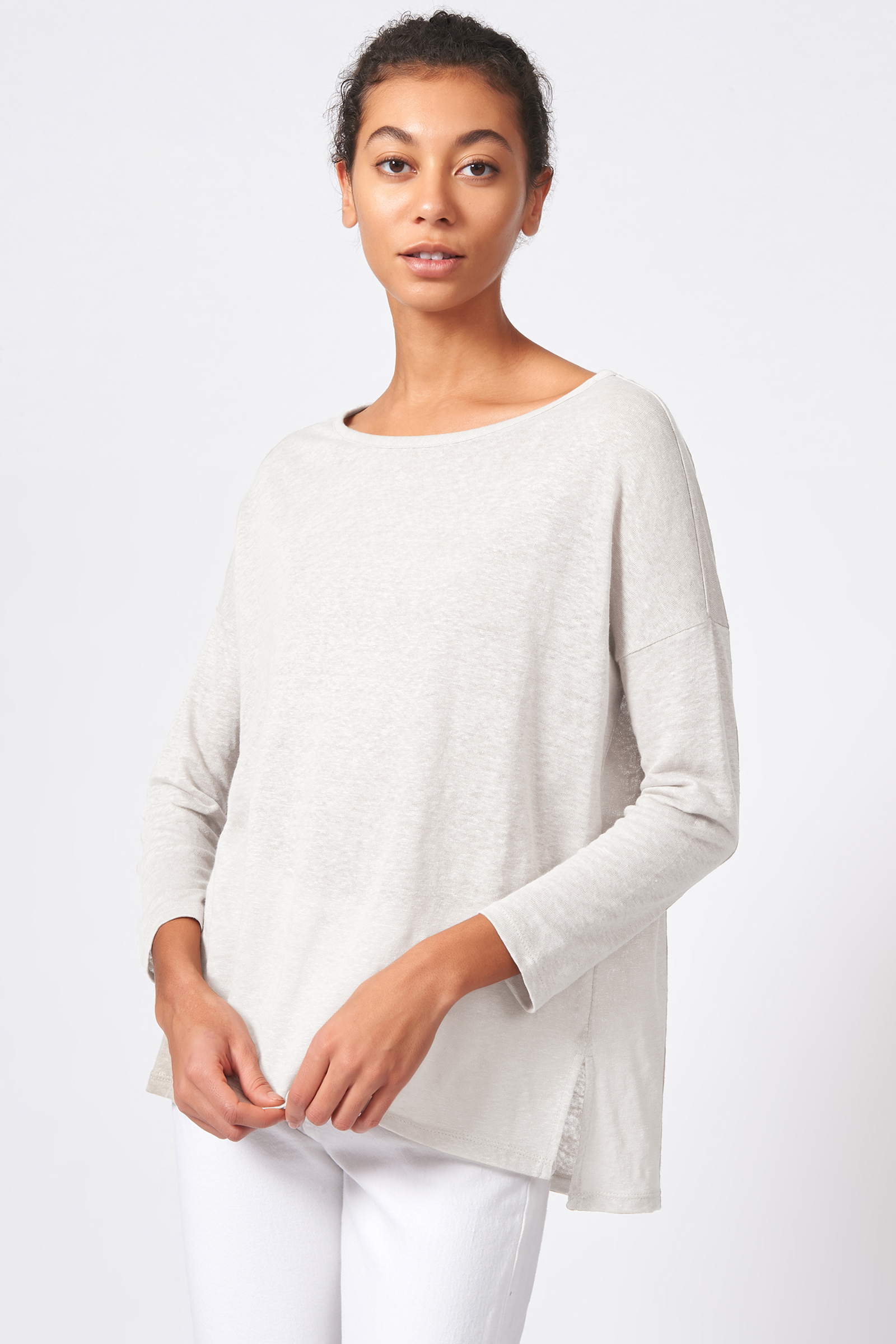Kal Rieman Boat Neck Box Tee in Natural on Model Front View