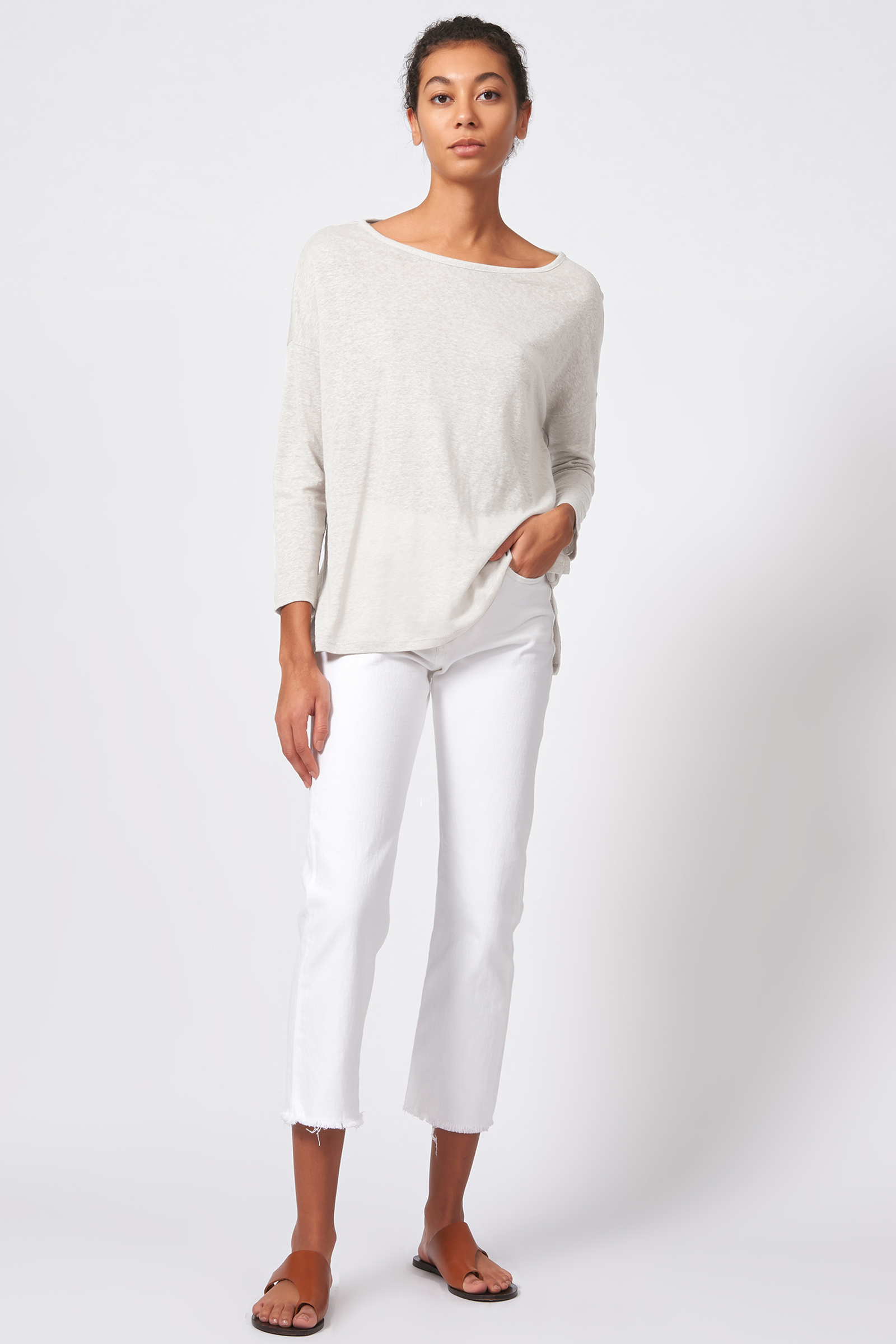 Kal Rieman Boat Neck Box Tee in Natural on Model Full Front View
