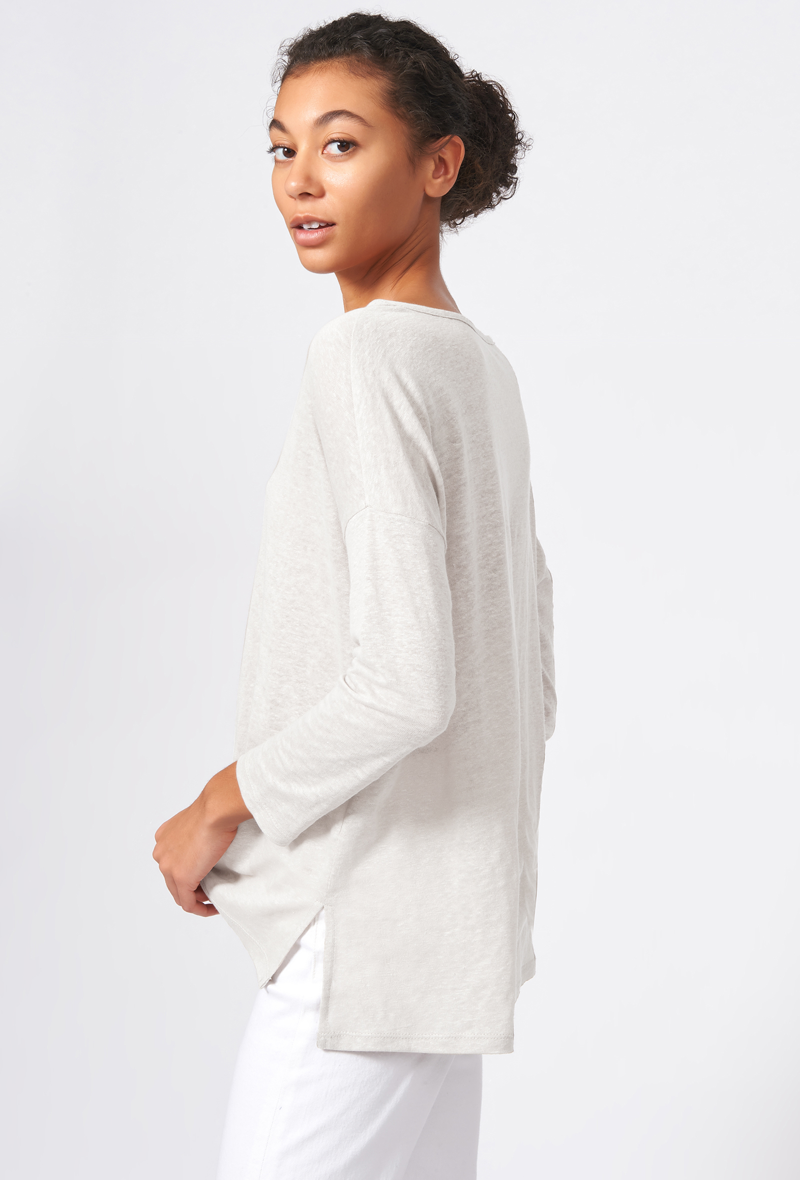 Kal Rieman Boat Neck Box Tee in Natural on Model Side View