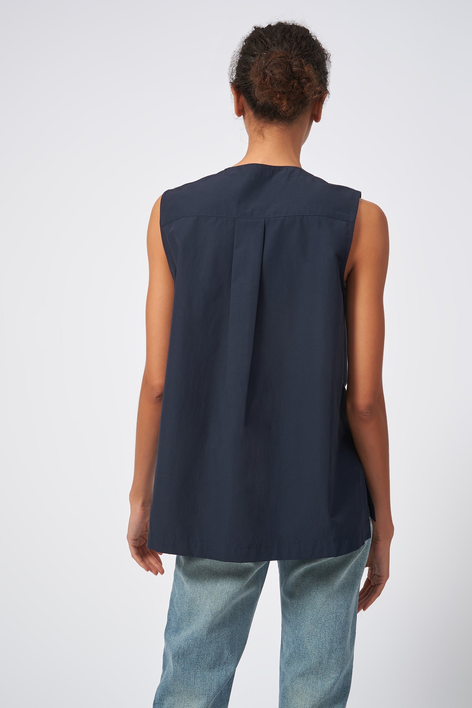 Kal Rieman Button Front Shell Italian Broadcloth Navy On Model Back View