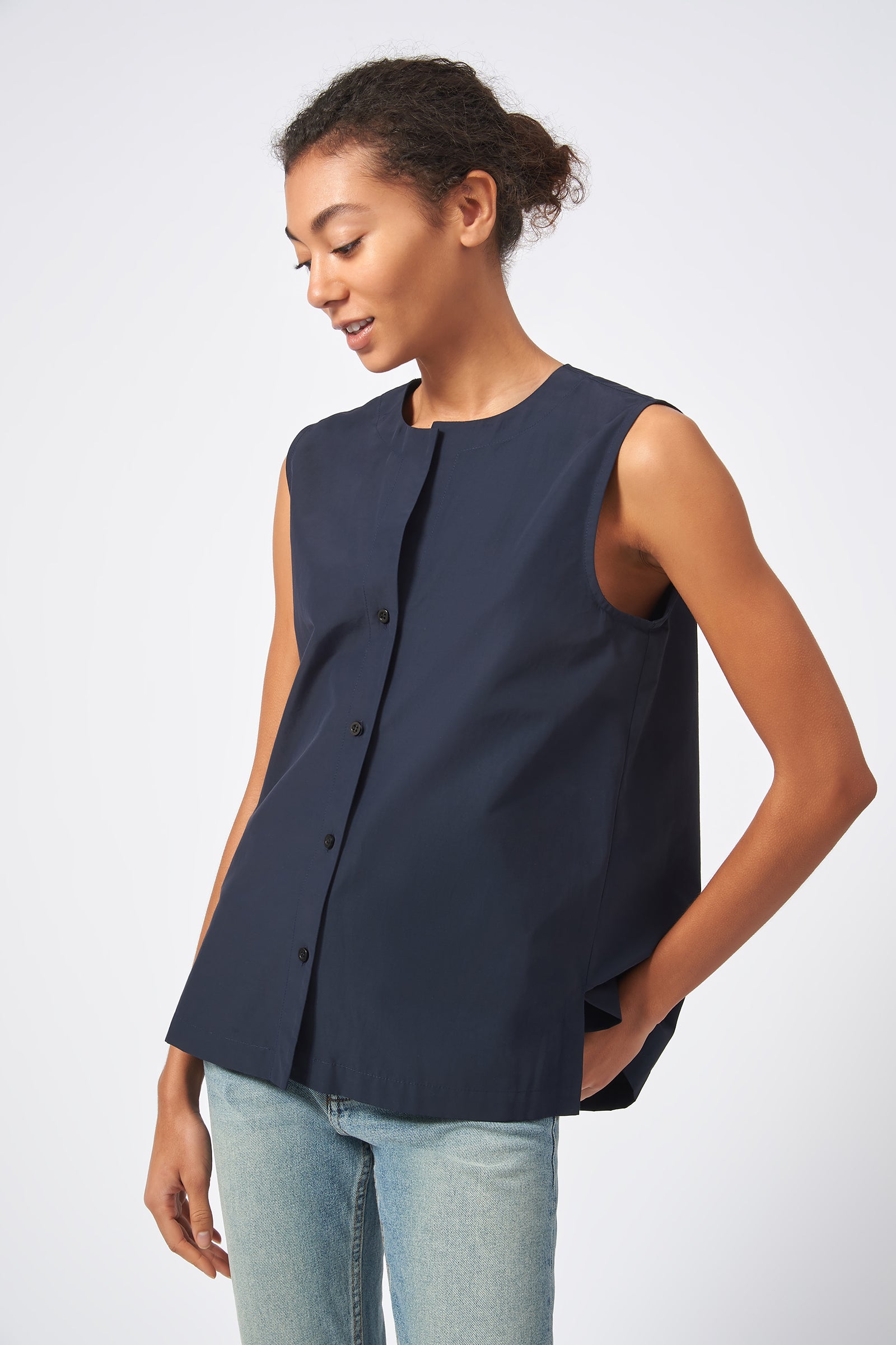 Kal Rieman Button Front Shell Italian Broadcloth Navy On Model Front View
