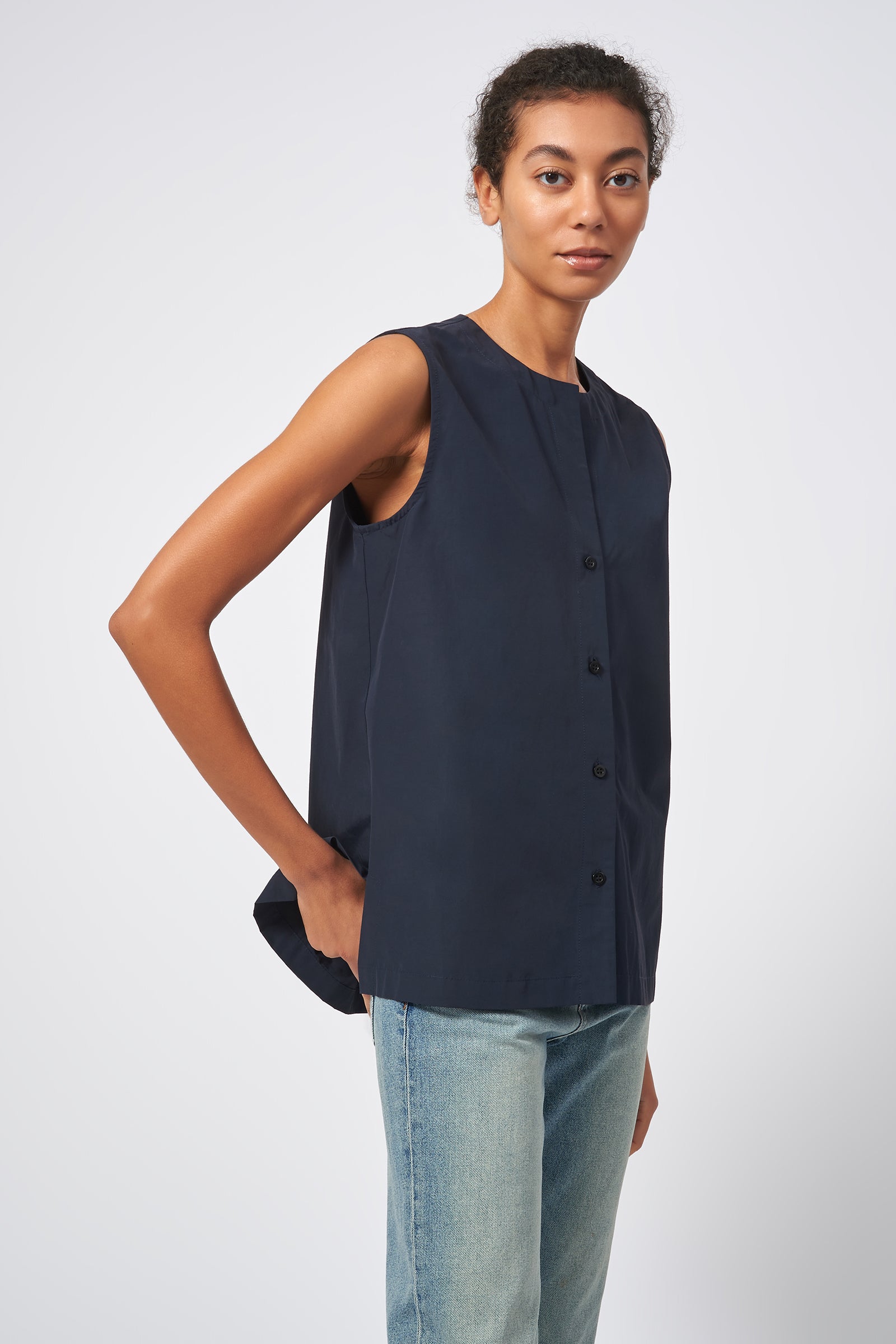 Kal Rieman Button Front Shell Italian Broadcloth Navy On Model Side View