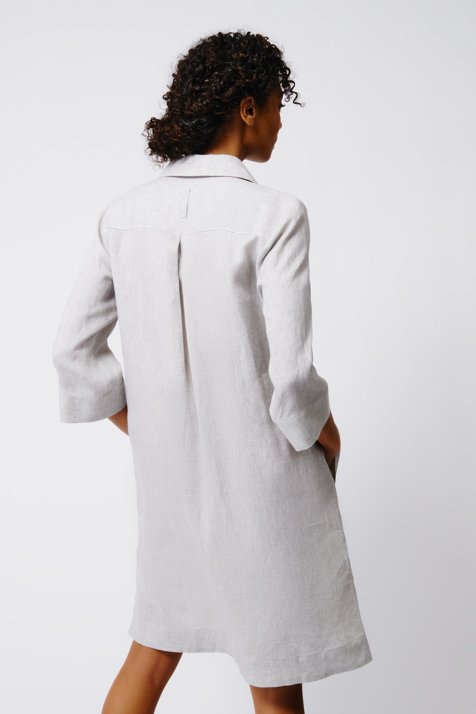 Kal Rieman Rene Button Placket Dress in Beige Linen on Model Back View Crop