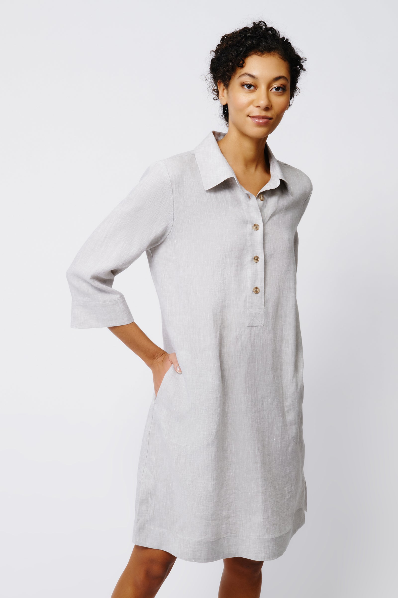 Kal Rieman Rene Button Placket Dress in Beige Linen on Model Front View Crop