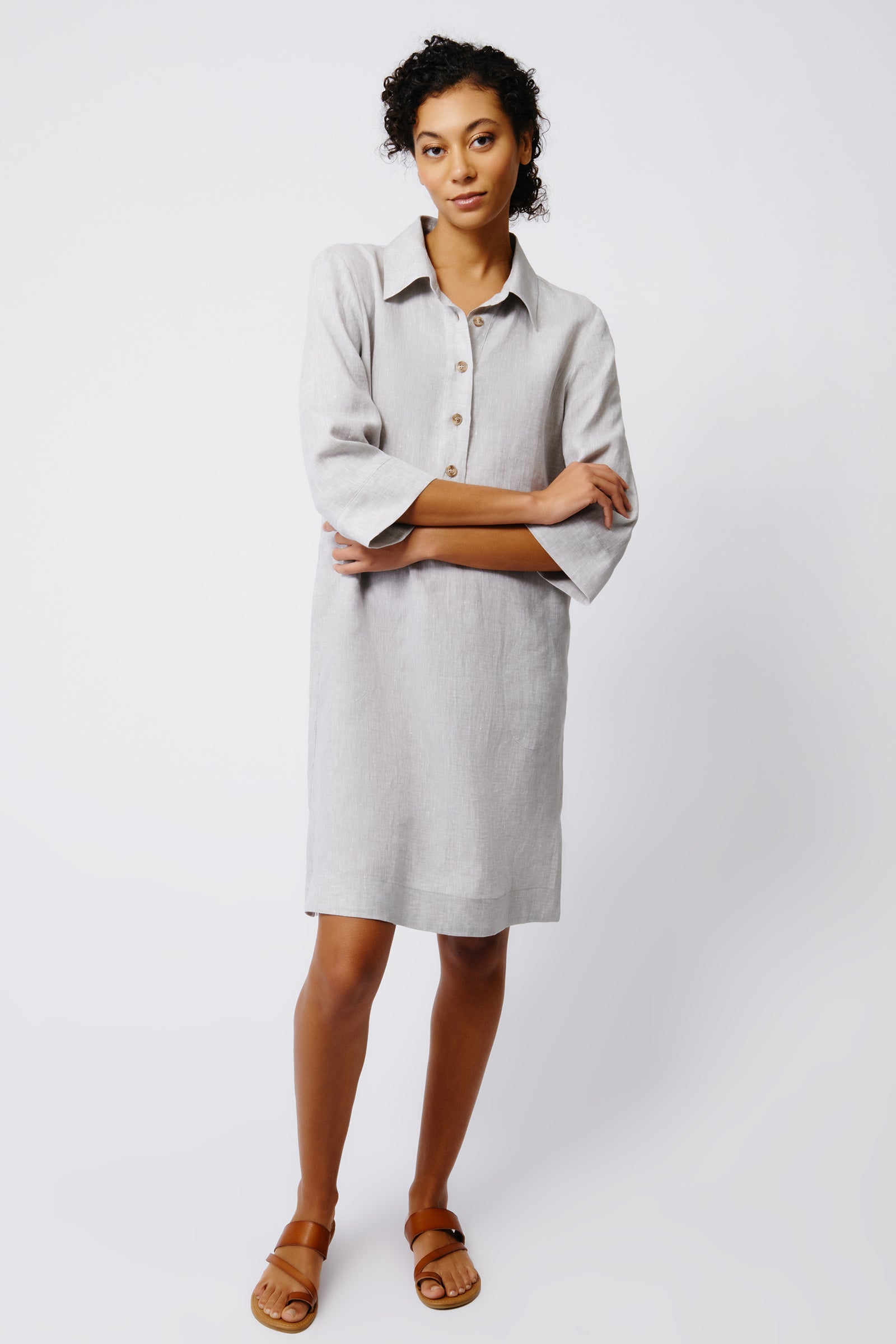 Kal Rieman Rene Button Placket Dress in Beige Linen on Model Full Front View 2