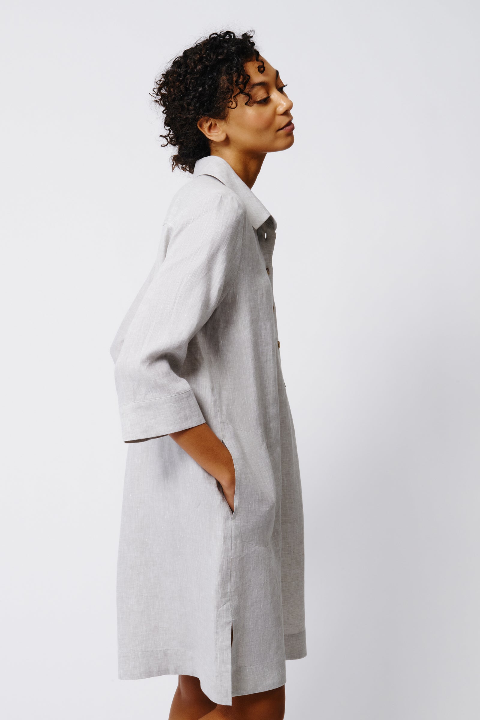 Kal Rieman Rene Button Placket Dress in Beige Linen on Model Side View Crop 2
