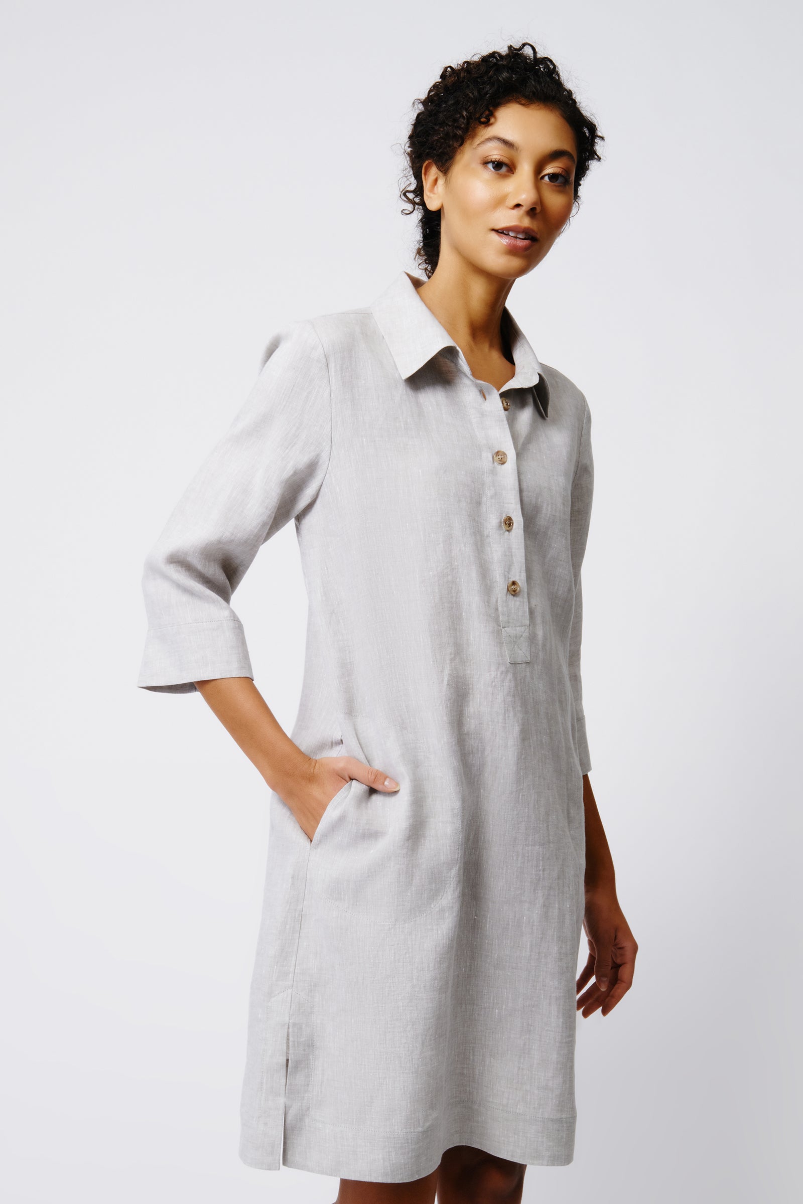 Kal Rieman Rene Button Placket Dress in Beige Linen on Model Side View Crop