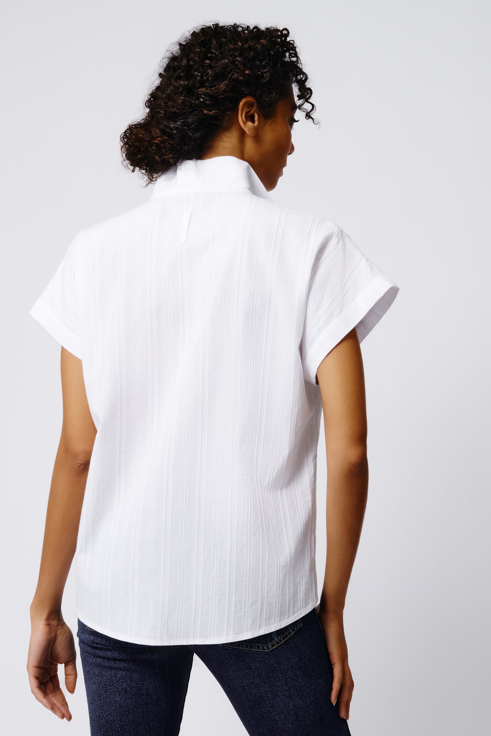 Kal Rieman Cabana Shirt in White Stripe on Model Back View Crop