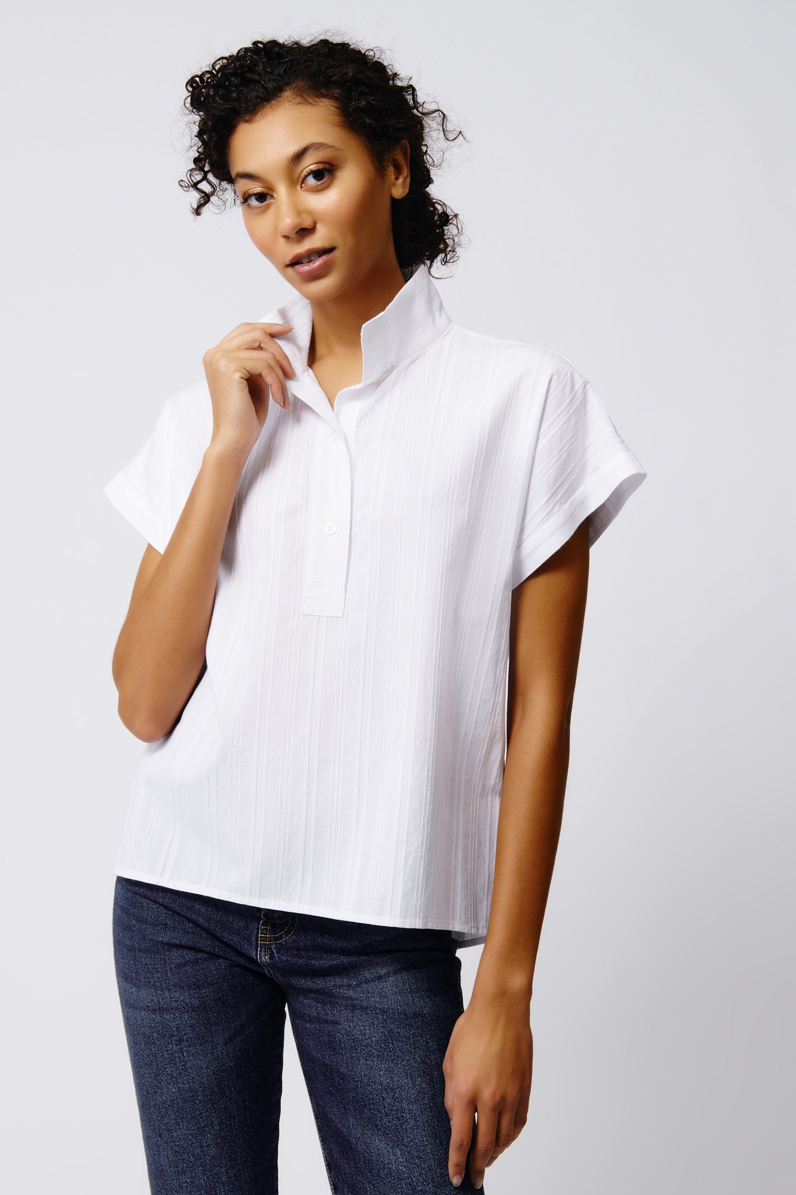 Kal Rieman Cabana Shirt in White Stripe on Model Front View Crop