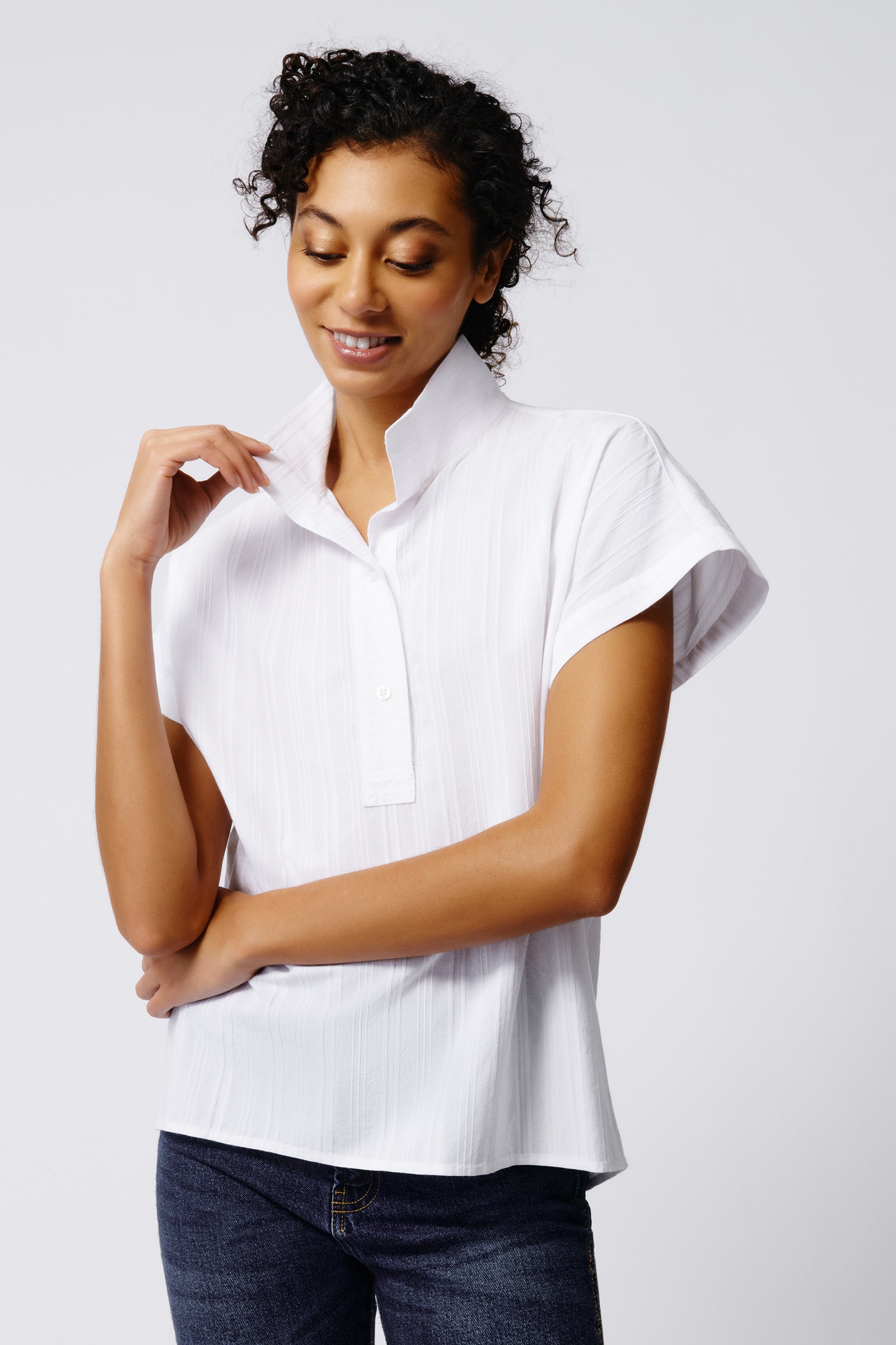 Kal Rieman Cabana Shirt in White Stripe on Model Front View Crop 2