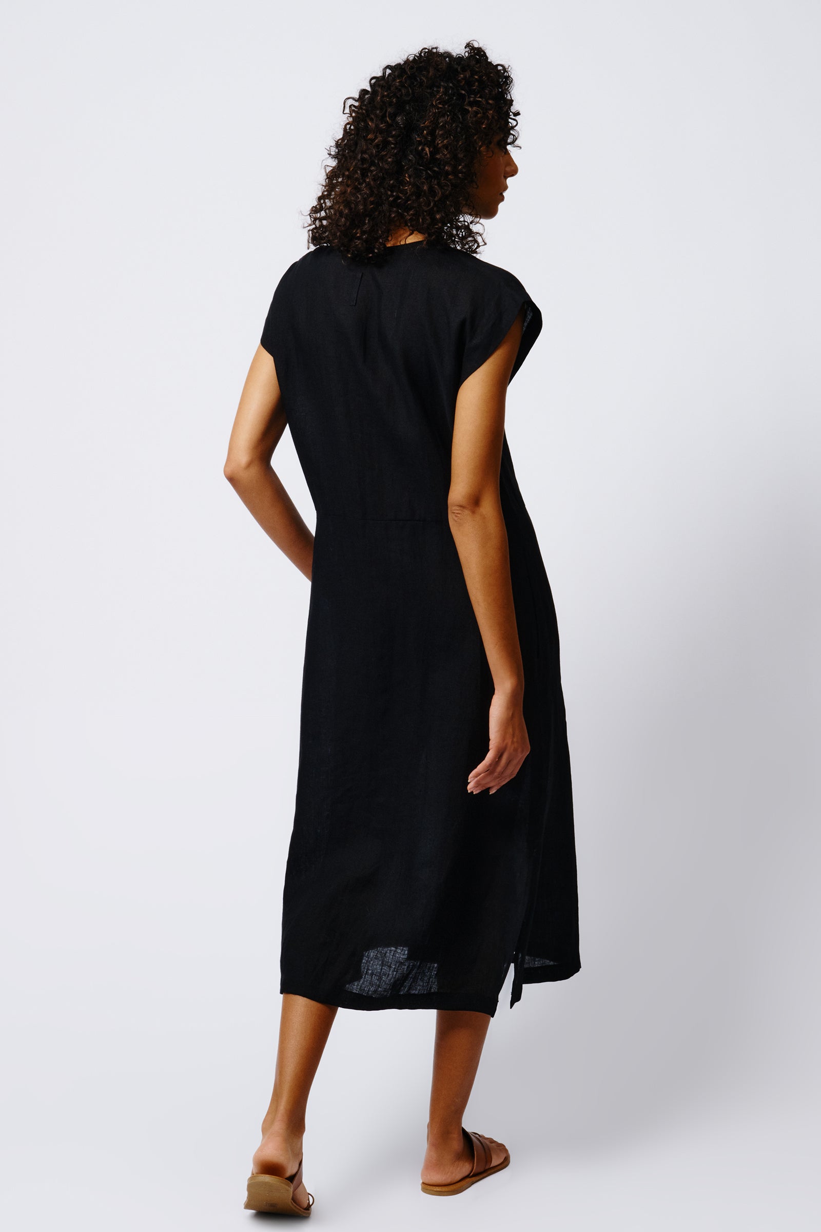 Kal Rieman Harlow Cap Sleeve Dress in Black Linen on Model Full Front View 3