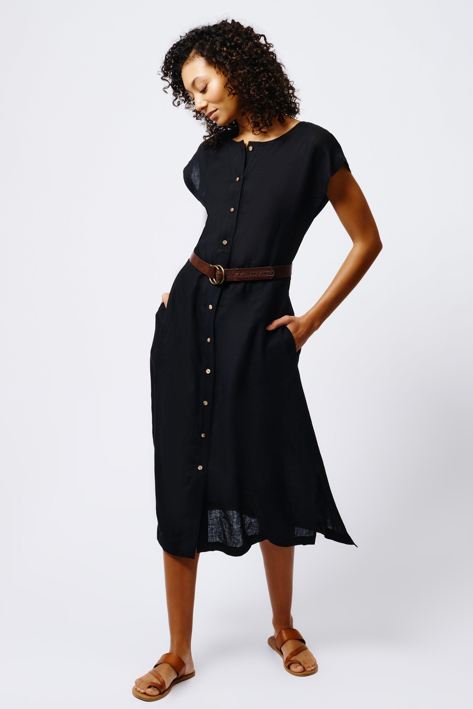Kal Rieman Harlow Cap Sleeve Dress in Black Linen on Model Full Front View 2