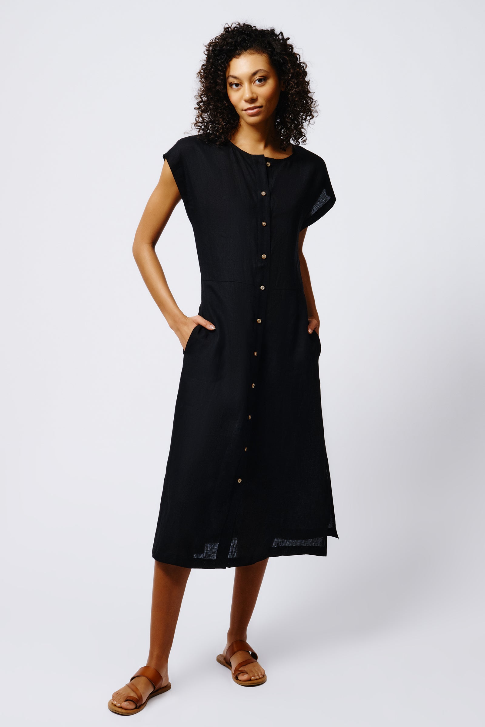 Kal Rieman Harlow Cap Sleeve Dress in Black Linen on Model Full Front View 3