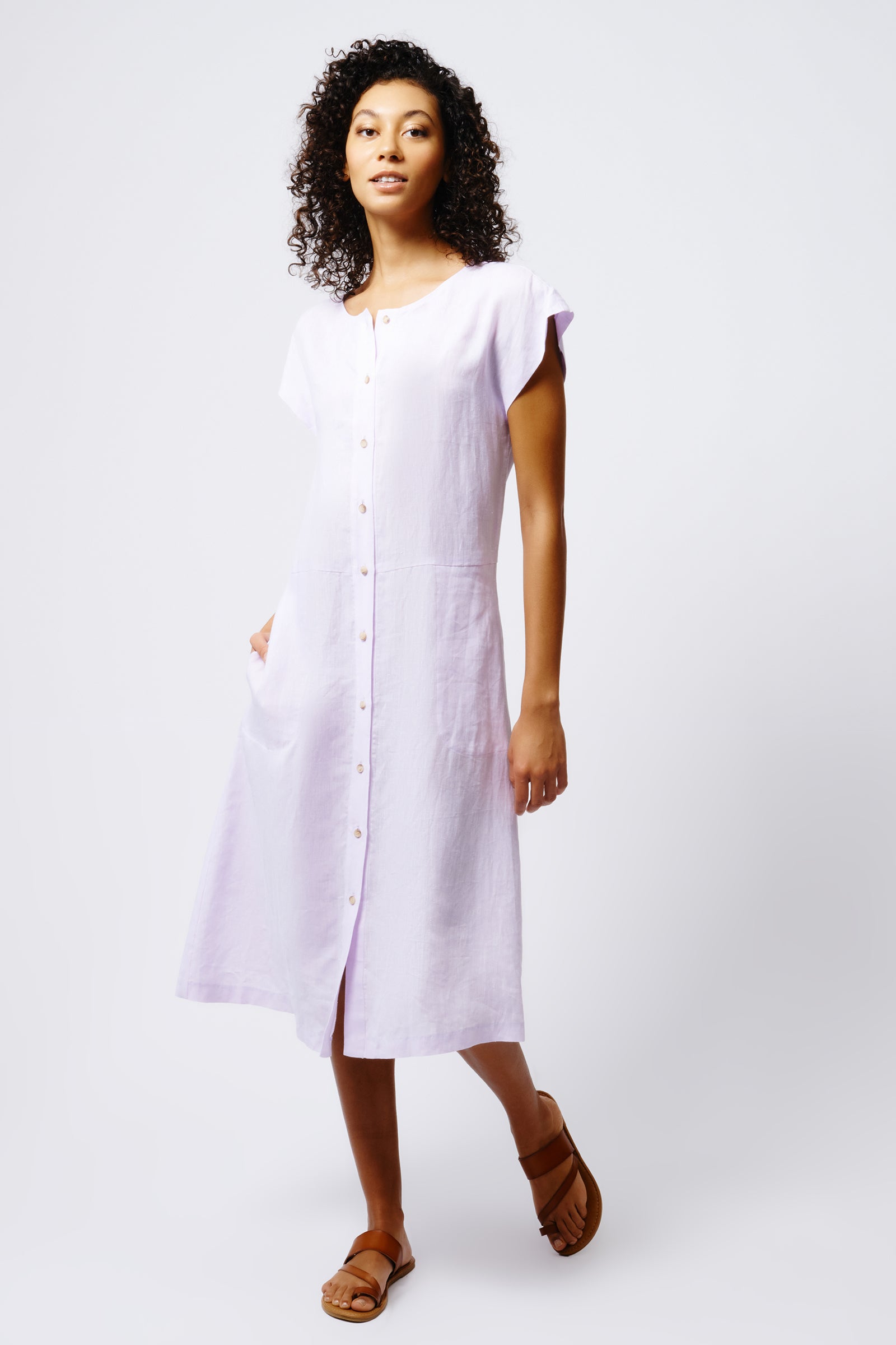 Kal Rieman Harlow Cap Sleeve Dress in Lavender Linen on Model Front View Full 4