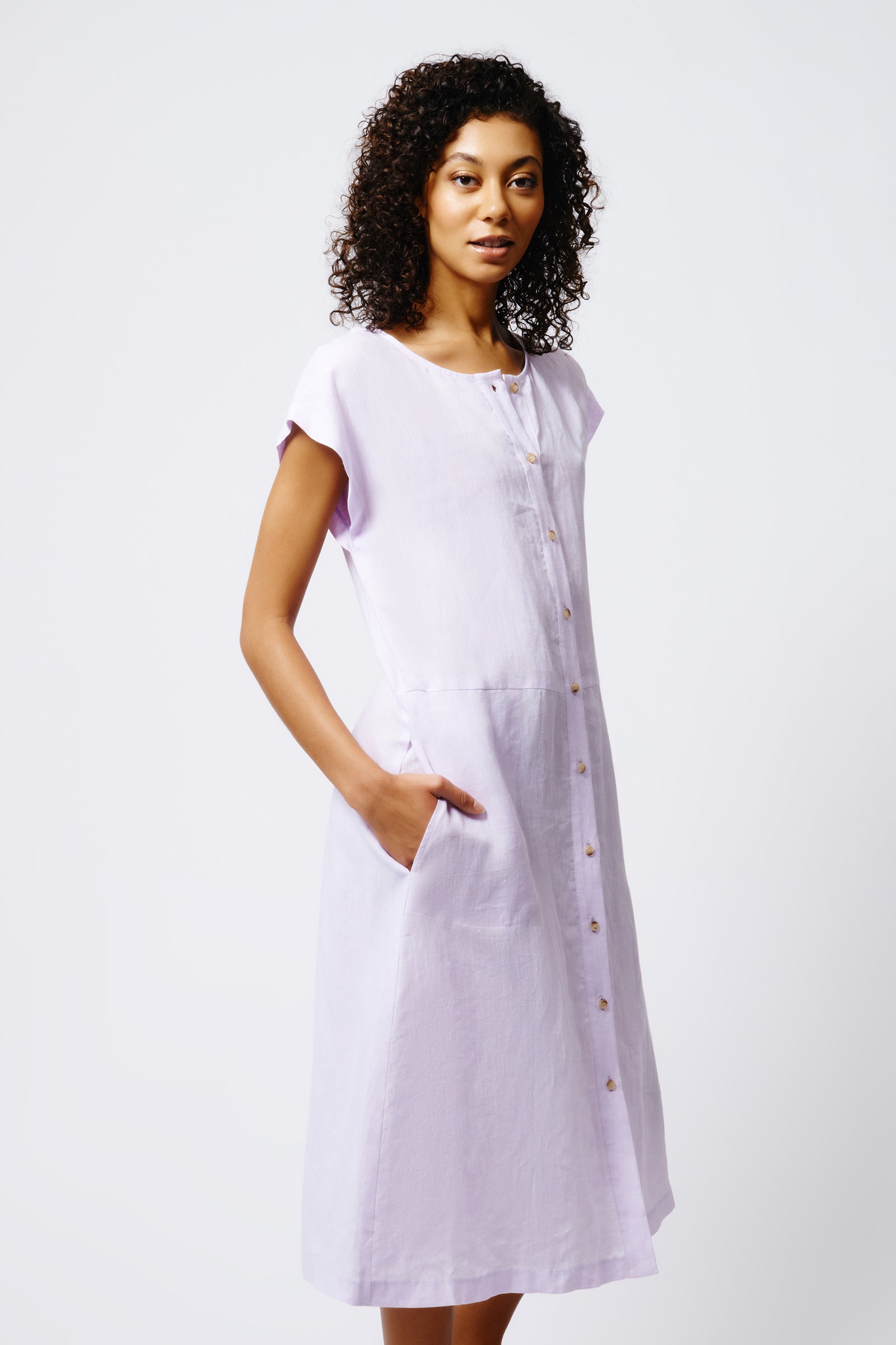 Kal Rieman Harlow Cap Sleeve Dress in Lavender Linen on Model Side View Crop