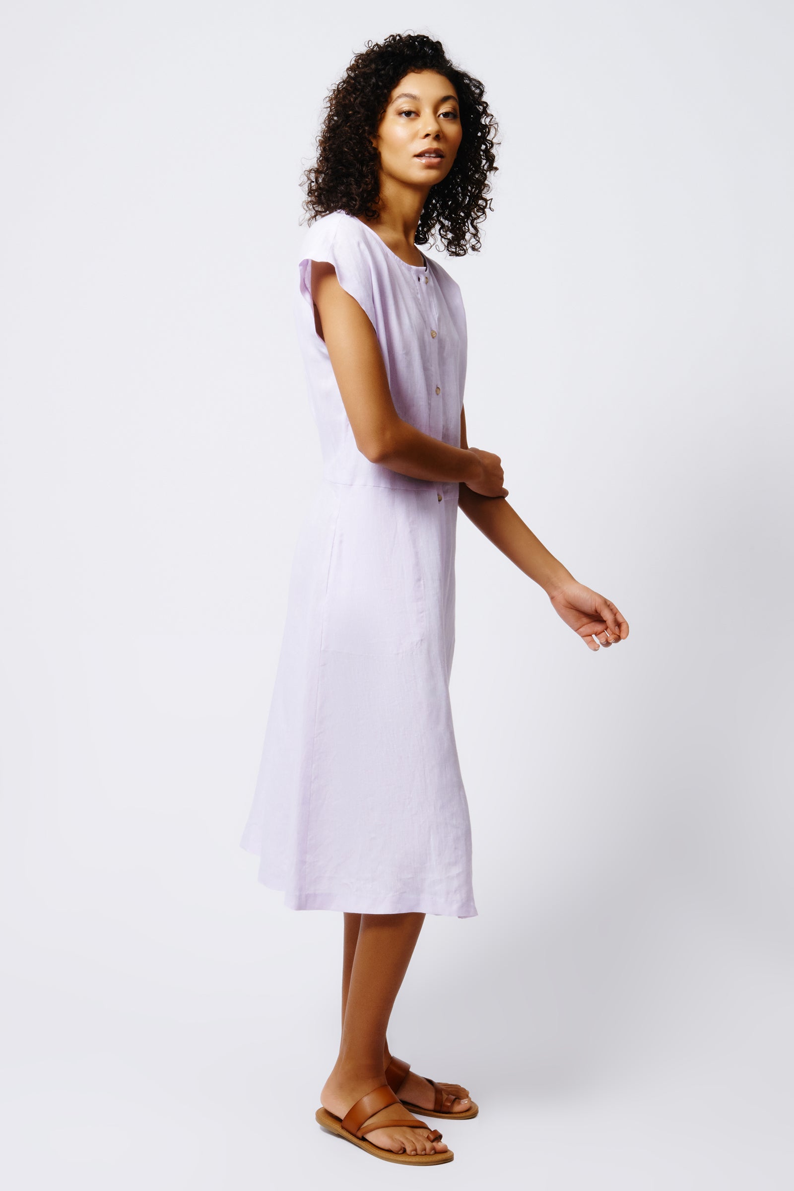 Kal Rieman Harlow Cap Sleeve Dress in Lavender Linen on Model Full Side View