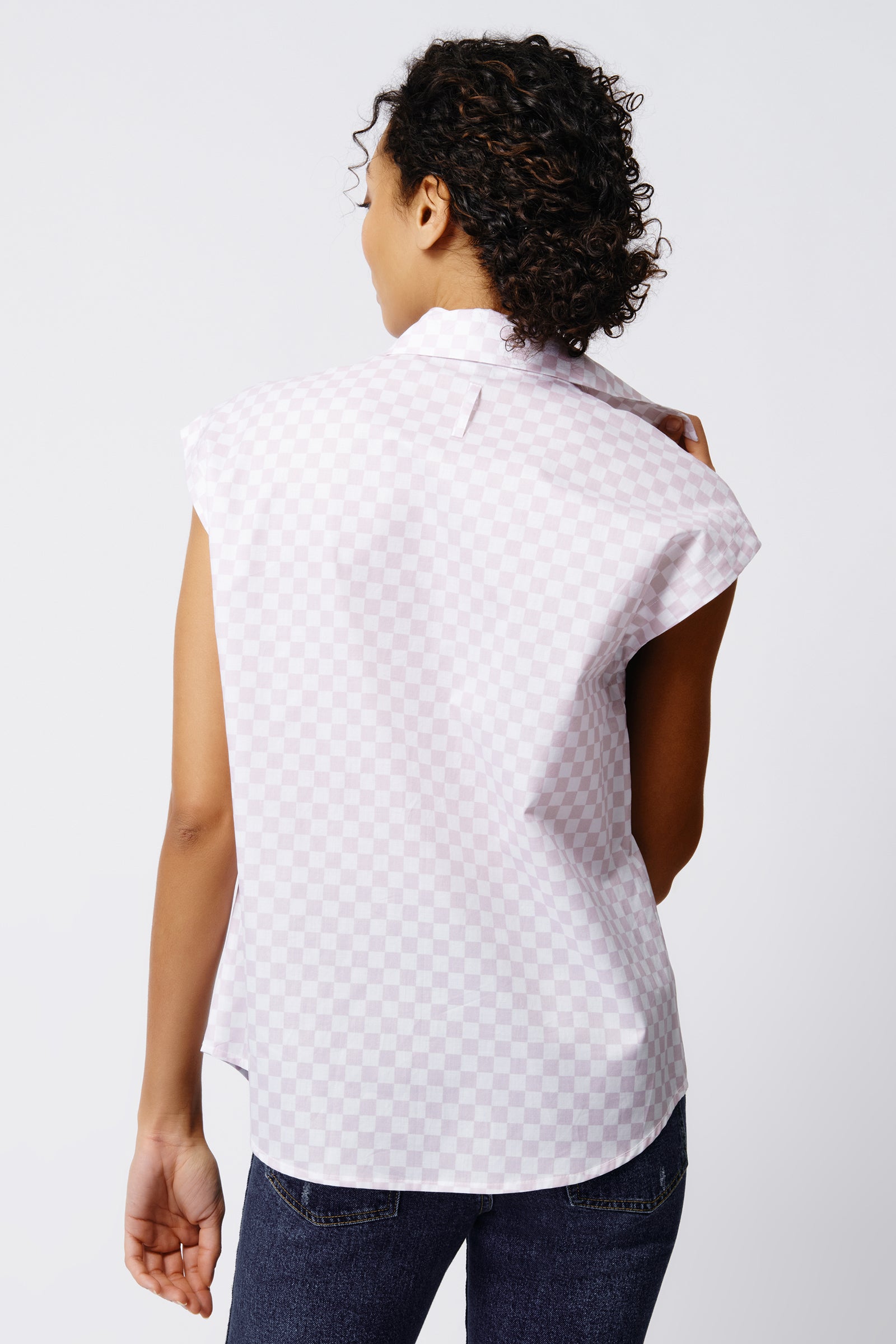 Kal Rieman Cap Sleeve Shirt in Lavender Checkerboard on Model Front View Crop 3