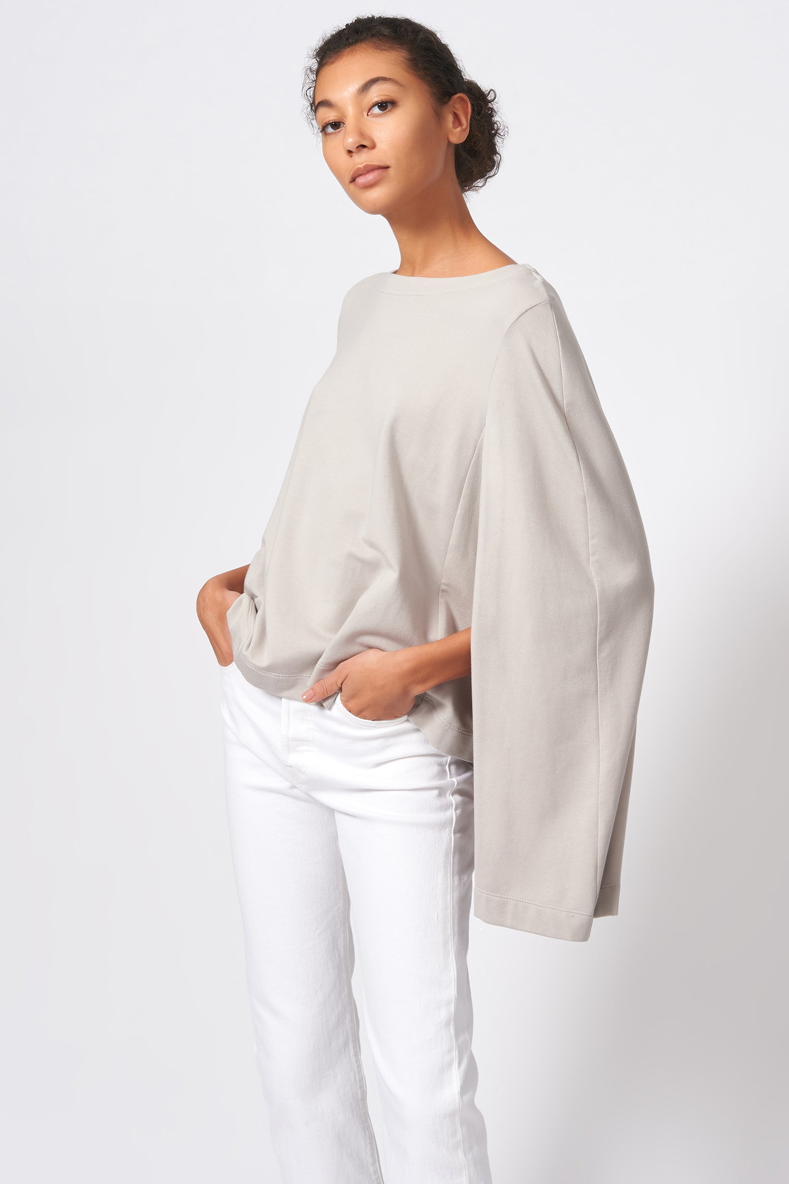 Kal Rieman Cape Sweatshirt in Khaki on Model Front Side View