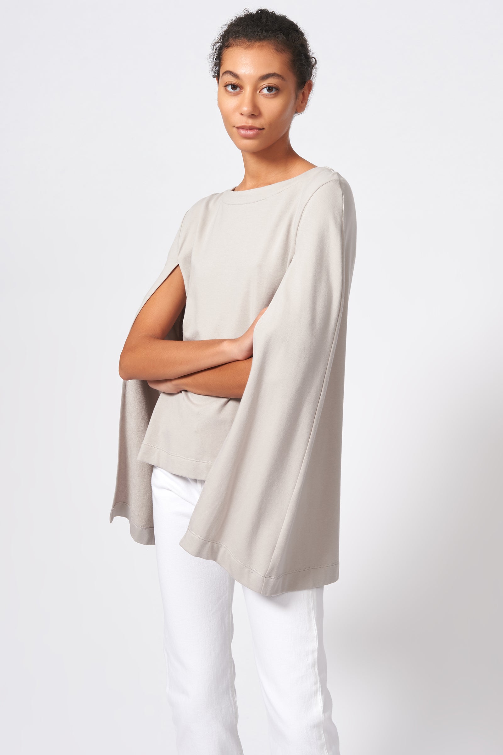 Kal Rieman Cape Sweatshirt in Khaki on Model Front Side View