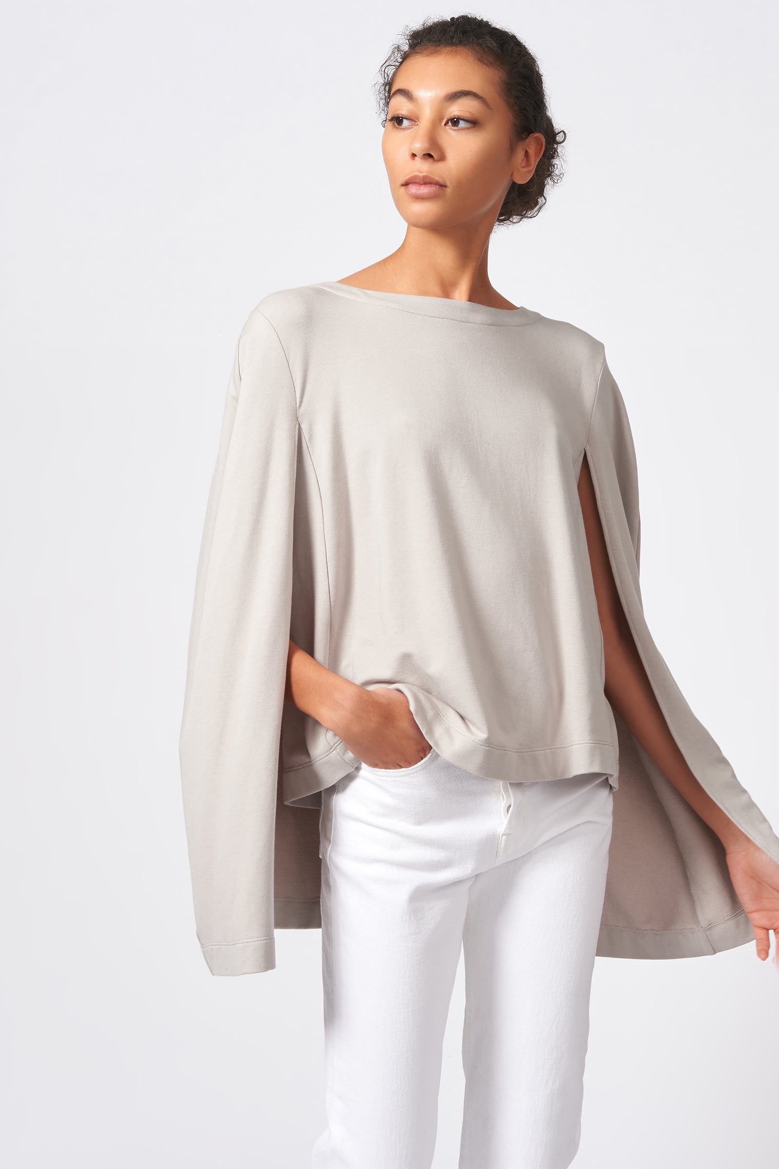 Kal Rieman Cape Sweatshirt in Khaki on Model Front View