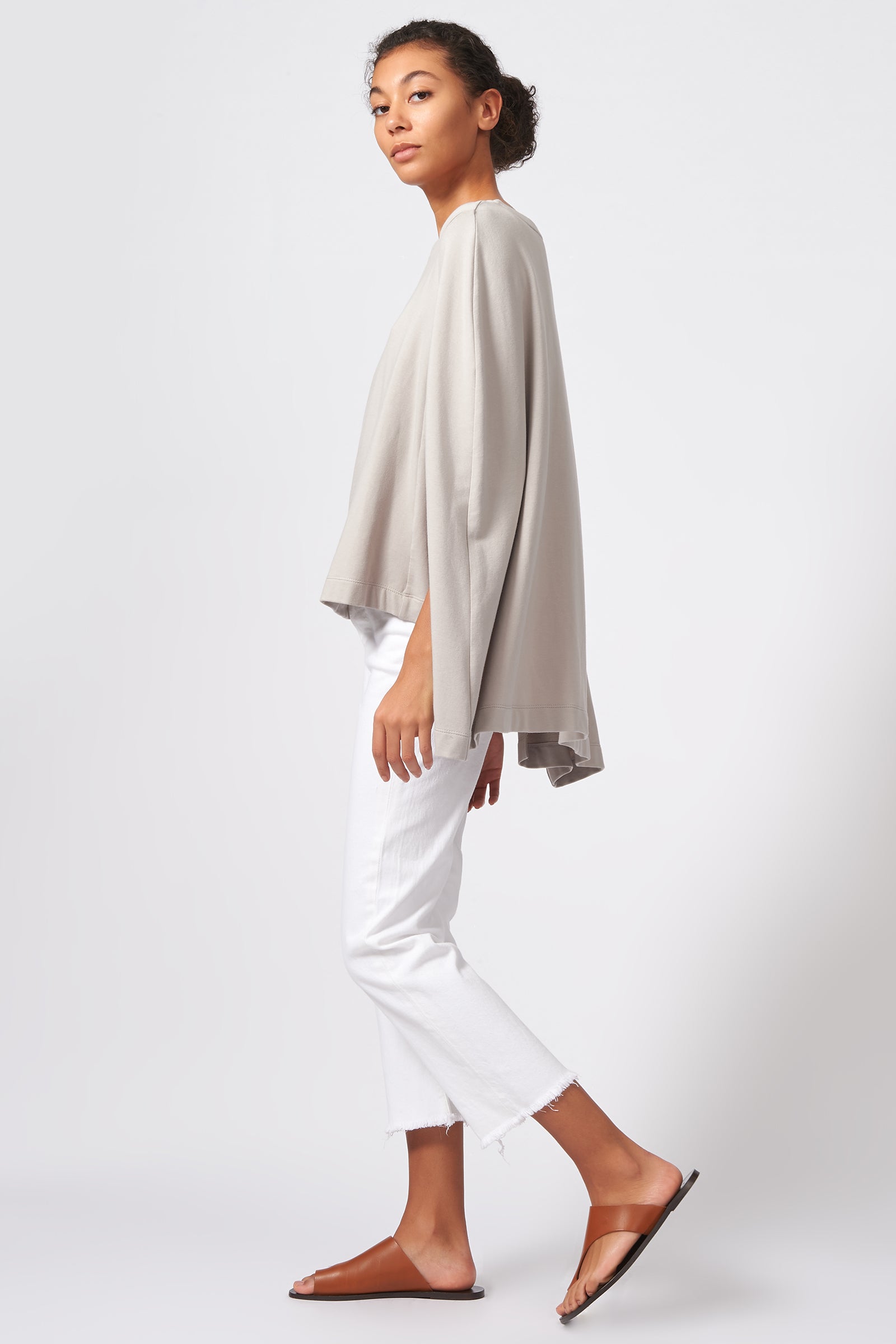 Kal Rieman Cape Sweatshirt in Khaki on Model Full Side View