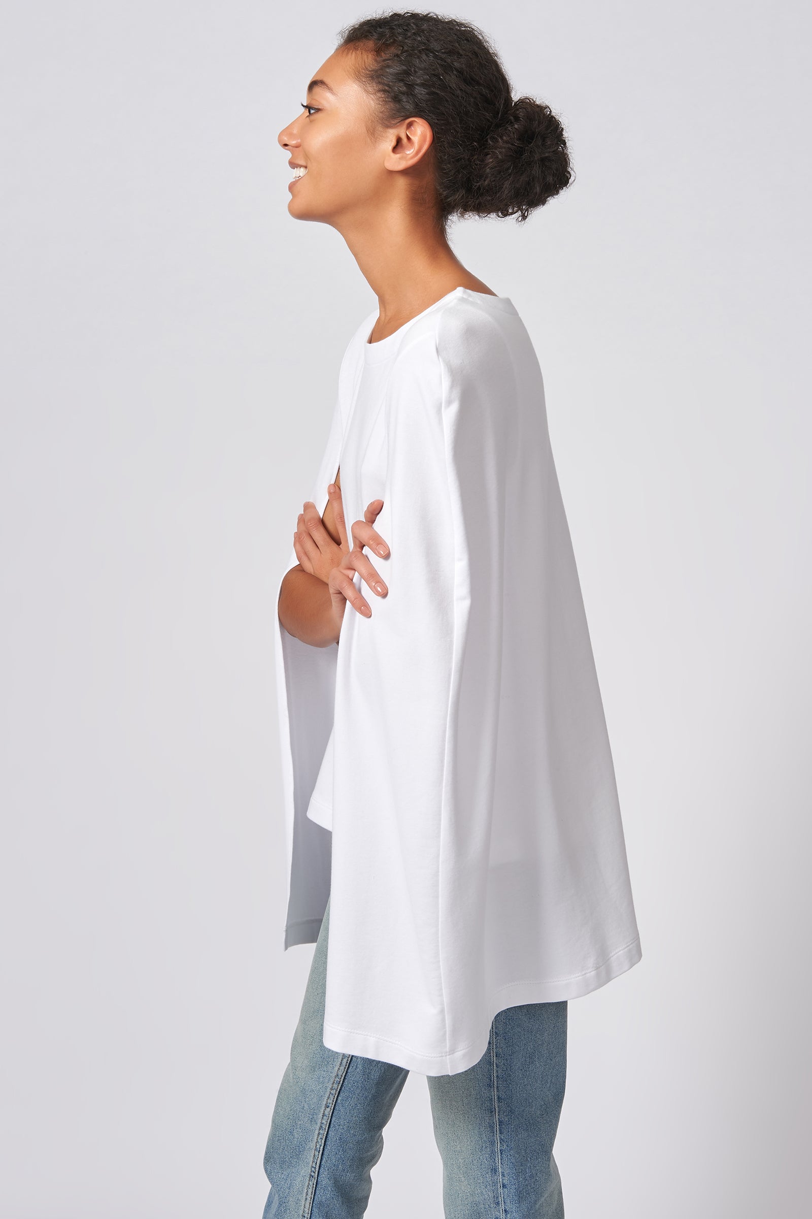 Kal Rieman Cape Sweatshirt in White on Model Side View