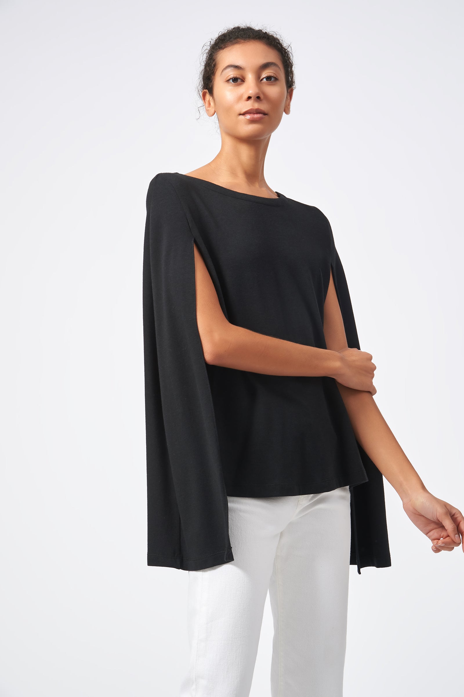 Kal Rieman Cape Sweatshirt in Black on Model Front View
