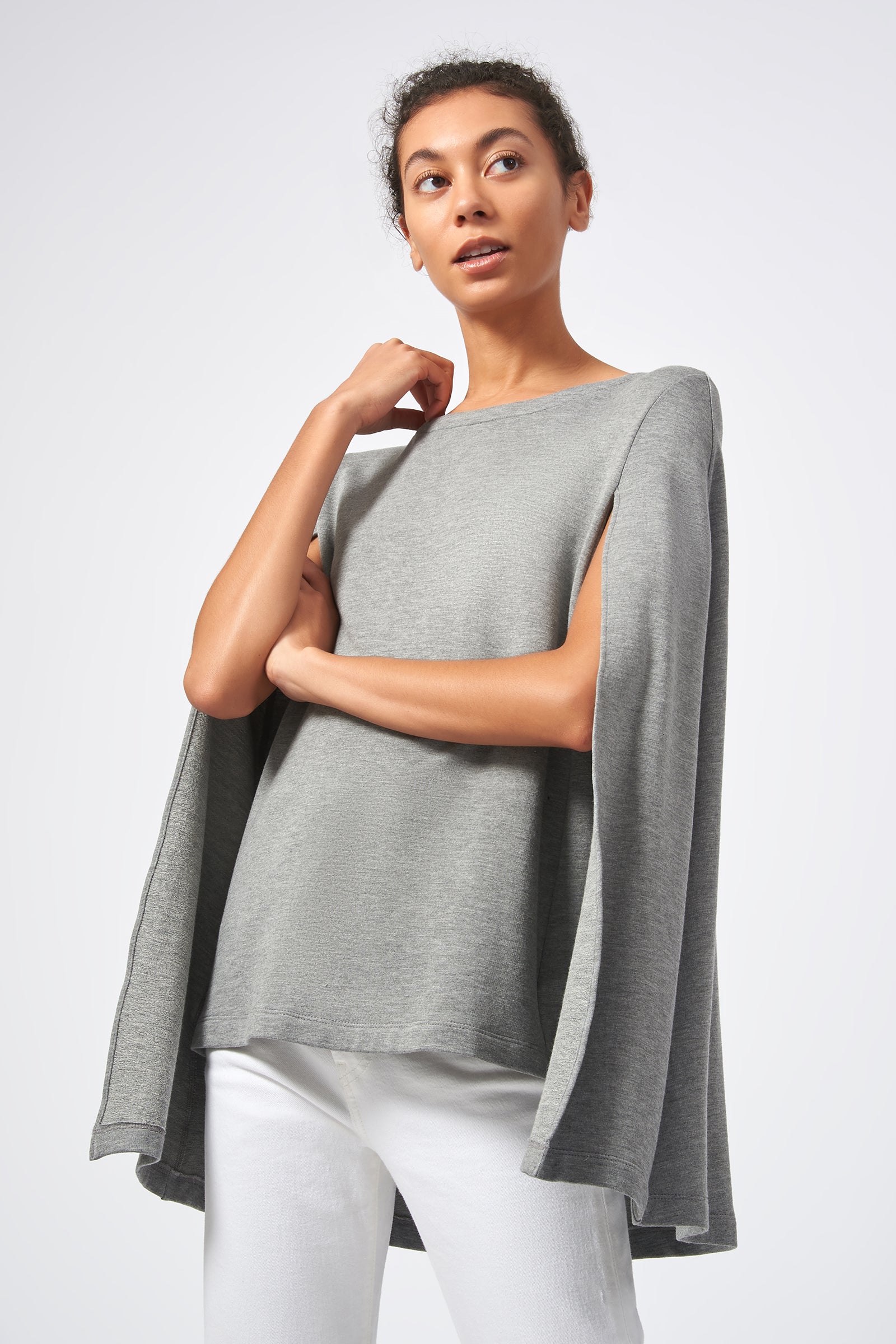 Kal Rieman Cape Sweatshirt in Heather Grey on Model Front View