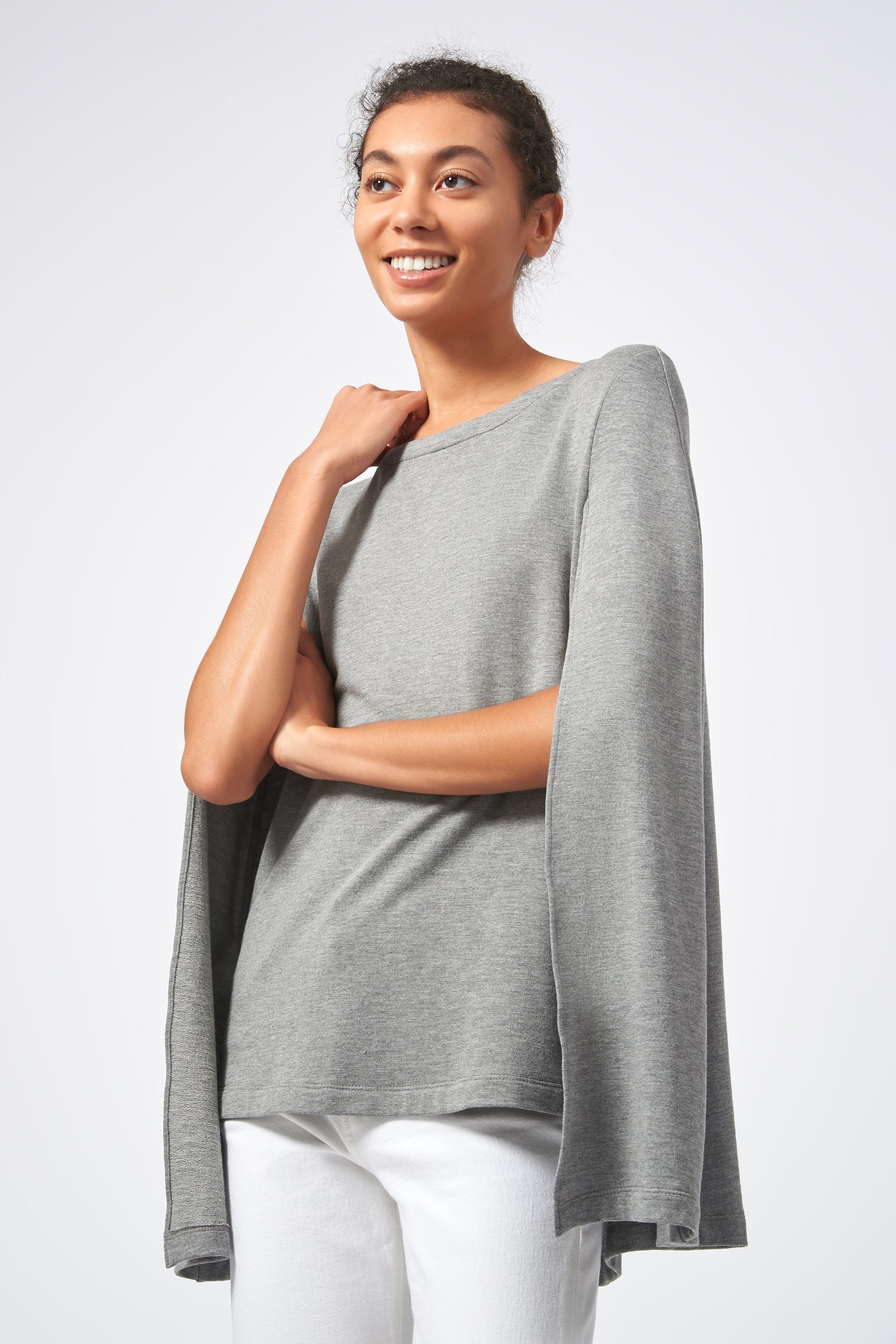 Kal Rieman Cape Sweatshirt in Heather Grey on Model Front View