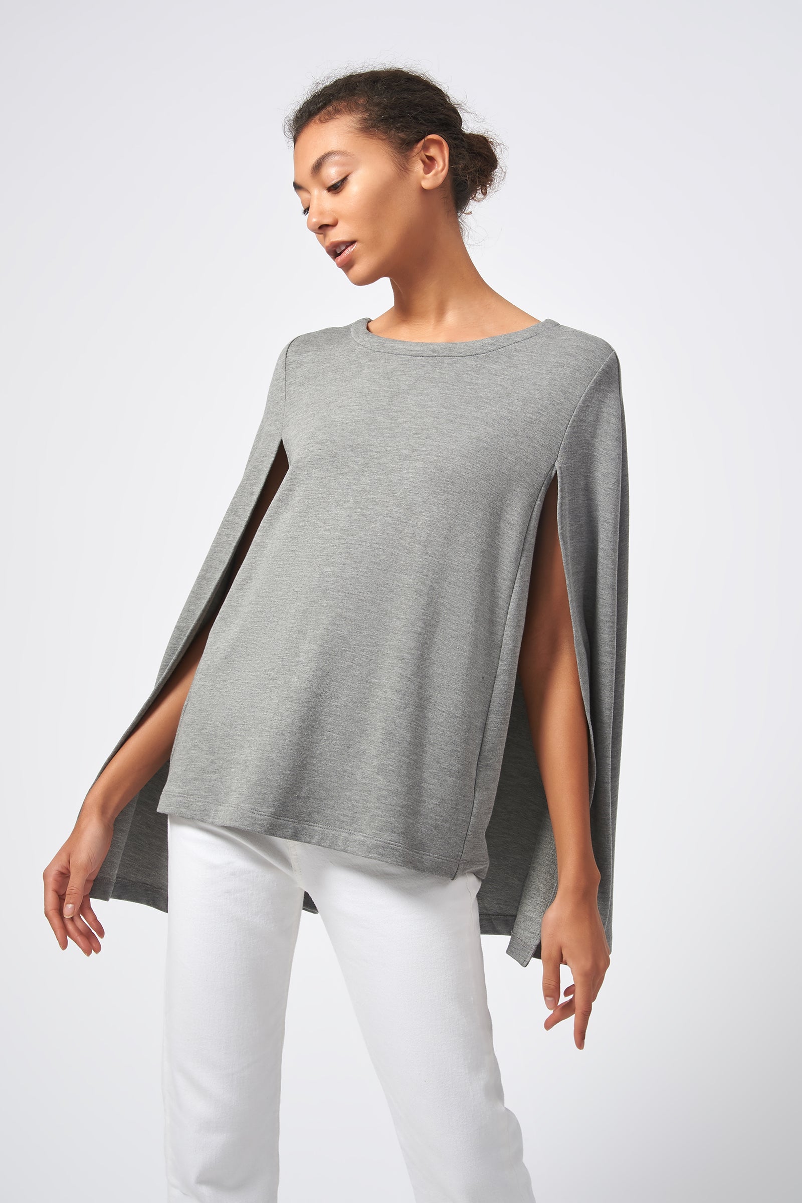 Kal Rieman Cape Sweatshirt in Heather Grey on Model Front View