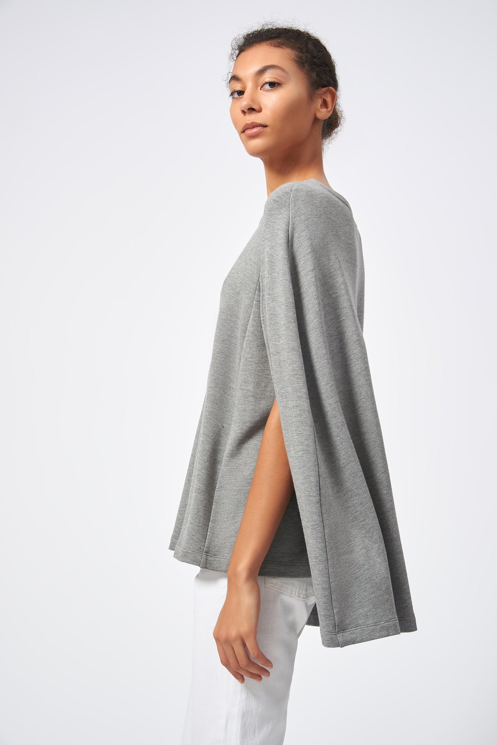 Kal Rieman Cape Sweatshirt in Heather Grey on Model Side View