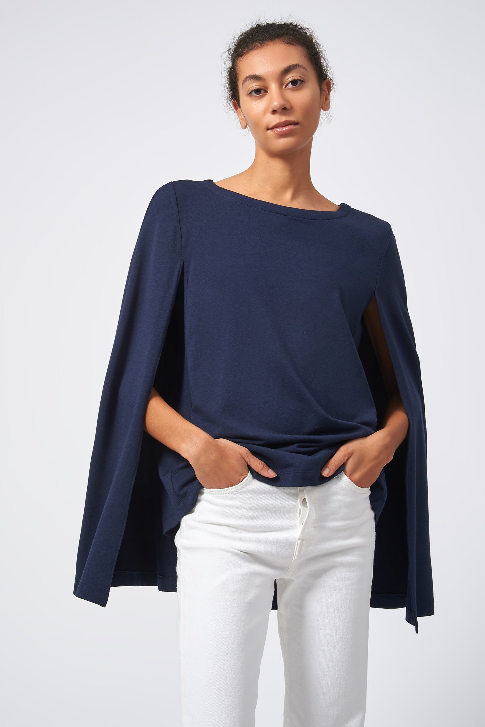 Kal Rieman Cape Sweatshirt in Navy on Model Front View