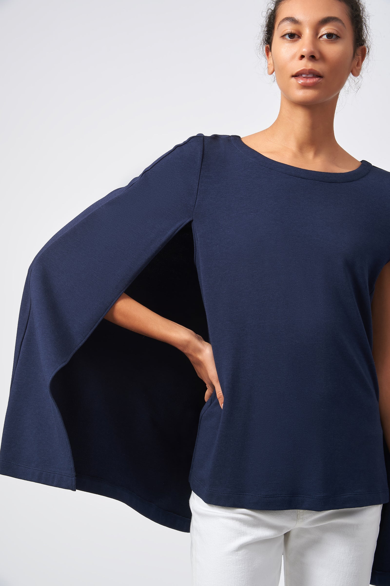 Kal Rieman Cape Sweatshirt in Navy on Model Front View
