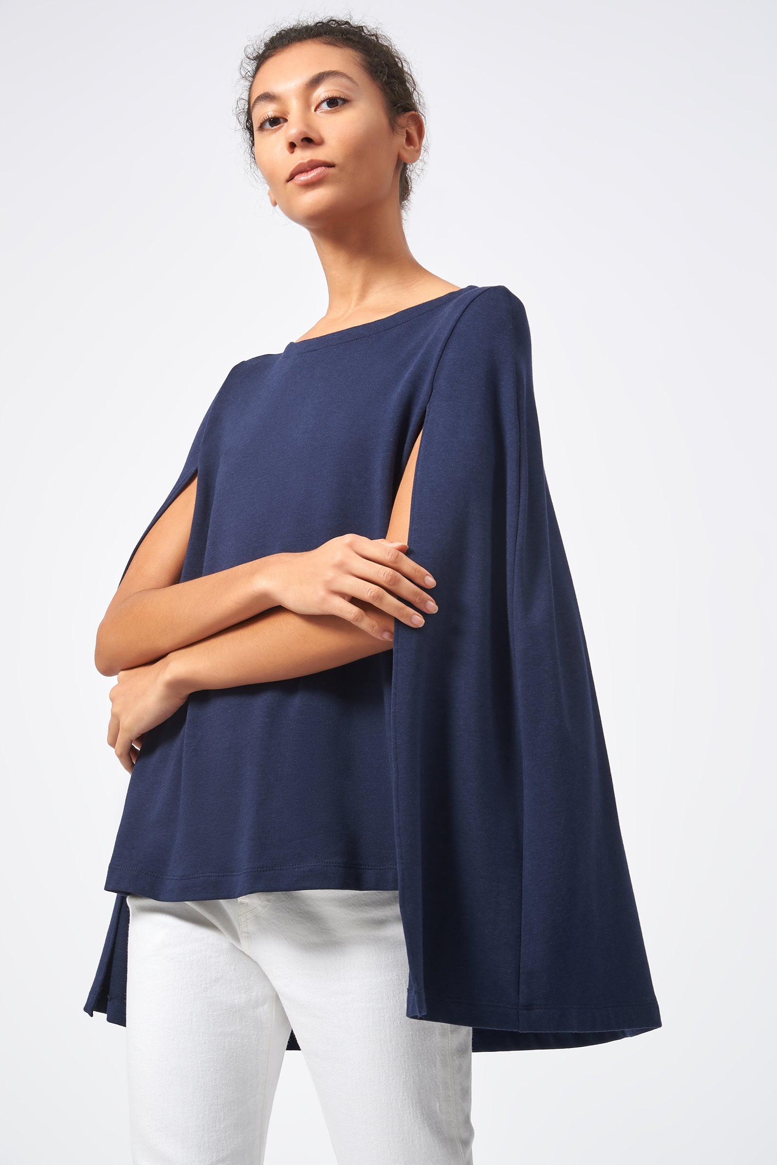 Kal Rieman Cape Sweatshirt in Navy on Model Front View